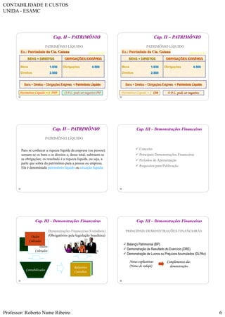 CONTABILIDADE E CUSTOS
UNIDA - ESAMC
Professor: Roberto Name Ribeiro 6
31
Cap. II – PATRIMÔNIO
Valores em $ mil
BENS + DIREITOS OBRIGAÇÕES EXIGÍVEIS
ObrigaçõesBens
Direitos
1.830
2.800
4.500
Bens + Direitos – Obrigações Exigíveis = Patrimônio Líquido
Patrimônio Líquido = $ ???? O P.L. pode ser negativo ???
Ex.: Patrimônio da Cia. Goiana
PATRIMÔNIO LÍQUIDO
32
Cap. II – PATRIMÔNIO
Valores em $ mil
BENS + DIREITOS OBRIGAÇÕES EXIGÍVEIS
ObrigaçõesBens
Direitos
1.830
2.800
4.500
Bens + Direitos – Obrigações Exigíveis = Patrimônio Líquido
Patrimônio Líquido = $ 130
Ex.: Patrimônio da Cia. Goiana
O P.L. pode ser negativo
PATRIMÔNIO LÍQUIDO
33
Cap. II – PATRIMÔNIO
Para se conhecer a riqueza líquida da empresa (ou pessoa):
somam-se os bens e os direitos e, desse total, subtraem-se
as obrigações; os resultado é a riqueza líquida, ou seja, a
parte que sobra do patrimônio para a pessoa ou empresa.
Ela é denominada patrimônio líquido ou situação líquida.
PATRIMÔNIO LÍQUIDO
34
Cap. III – Demonstrações Financeiras
 Conceito
 Principais Demonstrações Financeiras
 Períodos de Apresentação
 Requisitos para Publicação
35
Contabilizados
RelatóriosRelatóriosRelatórios
Contábeis
Dados
Coletados Dados
Coletados
Dados
Coletados
Cap. III – Demonstrações Financeiras
Demonstrações Financeiras (Contábeis)
(Obrigatórios pela legislação brasileira)
Usuários
36
PRINCIPAIS DEMONSTRAÇÕES FINANCEIRAS
 Balanço Patrimonial (BP)
 Demonstração de Resultado do Exercício (DRE)
 Demonstração de Lucros ou Prejuízos Acumulados (DLPAc)
Notas explicativas
(Notas de rodapé)
Complementos das
demonstrações
Cap. III – Demonstrações Financeiras
 
