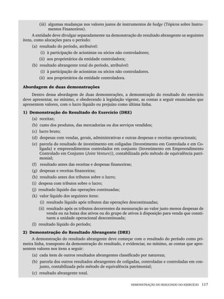DEMONSTRAÇÃO DO RESULTADO DO EXERCÍCIO 117
(iii) algumas mudanças nos valores justos de instrumentos de hedge (Tópicos sobre Instru-
mentos Financeiros).
A entidade deve divulgar separadamente na demonstração do resultado abrangente os seguintes
itens, como alocações para o período:
(a) resultado do período, atribuível:
(i) à participação de acionistas ou sócios não controladores;
(ii) aos proprietários da entidade controladora;
(b) resultado abrangente total do período, atribuível:
(i) à participação de acionistas ou sócios não controladores.
(ii) aos proprietários da entidade controladora.
Abordagem de duas demonstrações
Dentro dessa abordagem de duas demonstrações, a demonstração do resultado do exercício
deve apresentar, no mínimo, e obedecendo à legislação vigente, as contas a seguir enunciadas que
apresentem valores, com o lucro líquido ou prejuízo como última linha.
1) Demonstração do Resultado do Exercício (DRE)
(a) receitas;
(b) custo dos produtos, das mercadorias ou dos serviços vendidos;
(c) lucro bruto;
(d) despesas com vendas, gerais, administrativas e outras despesas e receitas operacionais;
(e) parcela do resultado de investimento em coligadas (Investimento em Controlada e em Co-
ligada) e empreendimentos controlados em conjunto (Investimento em Empreendimento
Controlado em Conjunto (Joint Venture)), contabilizada pelo método de equivalência patri-
monial;
(f) resultado antes das receitas e despesas financeiras;
(g) despesas e receitas financeiras;
(h) resultado antes dos tributos sobre o lucro;
(i) despesa com tributos sobre o lucro;
(j) resultado líquido das operações continuadas;
(k) valor líquido dos seguintes itens:
(i) resultado líquido após tributos das operações descontinuadas;
(ii) resultado após os tributos decorrentes da mensuração ao valor justo menos despesas de
venda ou na baixa dos ativos ou do grupo de ativos à disposição para venda que consti-
tuem a unidade operacional descontinuada;
(l) resultado líquido do período;
2) Demonstração do Resultado Abrangente (DRE)
A demonstração do resultado abrangente deve começar com o resultado do período como pri-
meira linha, transposto da demonstração do resultado, e evidenciar, no mínimo, as contas que apre-
sentem valores nos itens a seguir:
(a) cada item de outros resultados abrangentes classificado por natureza;
(b) parcela dos outros resultados abrangentes de coligadas, controladas e controladas em con-
junto, contabilizada pelo método de equivalência patrimonial;
(c) resultado abrangente total.
Livro 1.indb 117
Livro 1.indb 117 2/4/2015 13:27:44
2/4/2015 13:27:44
 