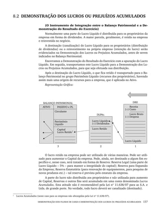 DEMONSTRAÇÃO DOS FLUXOS DE CAIXA E DEMONSTRAÇÃO DOS LUCROS OU PREJUÍZOS ACUMULADOS 157
8.2 DEMONSTRAÇÃO DOS LUCROS OU PREJUÍZOS ACUMULADOS
(O Instrumento de Integração entre o Balanço Patrimonial e a De-
monstração do Resultado do Exercício)
Normalmente uma parte do Lucro Líquido é distribuída para os proprietários da
empresa em forma de dividendos. A maior parcela, geralmente, é retida na empresa
e reinvestida no negócio.
A destinação (canalização) do Lucro Líquido para os proprietários (distribuição
de dividendos) ou o reinvestimento na própria empresa (retenção do lucro) serão
evidenciados na Demonstração dos Lucros ou Prejuízos Acumulados, antes de serem
indicados no Balanço Patrimonial.
Encerramos a Demonstração do Resultado do Exercício com a apuração do Lucro
Líquido. Em seguida, transportamos este Lucro Líquido para a Demonstração dos Lu-
cros ou Prejuízos Acumulados, para que seja efetuada sua distribuição.
Após a destinação do Lucro Líquido, o que fica retido é transportado para o Ba-
lanço Patrimonial no grupo Patrimônio Líquido (recursos dos proprietários), havendo
assim mais uma origem de recursos para a empresa, que é aplicada no Ativo.
Representação Gráfica:
1
O lucro retido na empresa pode ser utilizado de várias maneiras. Pode ser utili-
zado para aumentar o Capital da empresa. Pode, ainda, ser destinado a algum fim es-
pecífico e, nesse caso, será tratado em forma de Reserva: Reserva Legal (uma parte de
Lucro Líquido – 5% – para manter a integridade do capital); Reserva para Expansão
da Empresa; Reserva Estatutária (para renovação de equipamentos, para pesquisa de
novos produtos etc.) – tal reserva é prevista pelo estatuto da empresa.
A parte do lucro não distribuída aos proprietários e não utilizada para aumento
de Capital, Reservas e outros fins será acumulada em uma conta denominada Lucros
Acumulados. Esta atitude não é recomendável pela Lei nº 11.638/07 para as S.A. e
Ltda. de grande porte. Na verdade, todo lucro deverá ser canalizado (destinado).
1
Lucros Acumulados (neste caso para as empresas não abrangidas pela Lei nº 11.638/07).
Livro 1.indb 157
Livro 1.indb 157 2/4/2015 13:27:50
2/4/2015 13:27:50
 