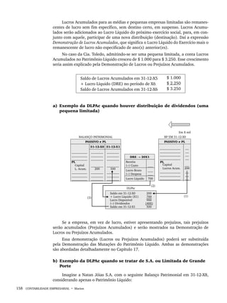 158 CONTABILIDADE EMPRESARIAL • Marion
Lucros Acumulados para as médias e pequenas empresas limitadas são remanes-
centes de lucro sem fim específico, sem destino certo, em suspenso. Lucros Acumu-
lados serão adicionados ao Lucro Líquido do próximo exercício social, para, em con-
junto com aquele, participar de uma nova distribuição (destinação). Daí a expressão
Demonstração de Lucros Acumulados, que significa o Lucro Líquido do Exercício mais o
remanescente de lucro não especificado de ano(s) anterior(es).
No caso da Cia. Toledo, admitindo-se ser uma pequena limitada, a conta Lucros
Acumulados no Patrimônio Líquido cresceu de $ 1.000 para $ 3.250. Esse crescimento
seria assim explicado pela Demonstração de Lucros ou Prejuízos Acumulados.
Saldo de Lucros Acumulados em 31-12-X5
+ Lucro Líquido (DRE) no período de X6
Saldo de Lucros Acumulados em 31-12-X6
$ 1.000
$ 2.250
$ 3.250
a) Exemplo da DLPAc quando houver distribuição de dividendos (uma
pequena limitada)
Se a empresa, em vez de lucro, estiver apresentando prejuízos, tais prejuízos
serão acumulados (Prejuízos Acumulados) e serão mostrados na Demonstração de
Lucros ou Prejuízos Acumulados.
Essa demonstração (Lucros ou Prejuízos Acumulados) poderá ser substituída
pela Demonstração das Mutações do Patrimônio Líquido. Ambas as demonstrações
são abordadas detalhadamente no Capítulo 17.
b) Exemplo da DLPAc quando se tratar de S.A. ou Limitada de Grande
Porte
Imagine a Natan Jóias S.A. com o seguinte Balanço Patrimonial em 31-12-X8,
considerando apenas o Patrimônio Líquido:
Livro 1.indb 158
Livro 1.indb 158 2/4/2015 13:27:50
2/4/2015 13:27:50
 