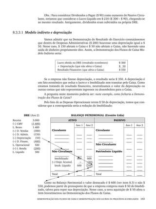 DEMONSTRAÇÃO DOS FLUXOS DE CAIXA E DEMONSTRAÇÃO DOS LUCROS OU PREJUÍZOS ACUMULADOS 165
Obs.: Para considerar Dividendos a Pagar ($ 90) como aumento do Passivo Circu-
lante, teríamos que considerar o Lucro Líquido em $ 210 ($ 300 – $ 90), chegando-se
ao mesmo resultado. Antigamente, dividendos eram subtraídos na própria DRE.
8.3.3.1 Modelo indireto e depreciação
Vamos admitir que na Demonstração do Resultado do Exercício constatássemos
que dentro de Despesas Administrativas ($ 200) houvesse uma depreciação igual a $
50. Nesse caso, $ 150 afetam o Caixa e $ 50 não afetam o Caixa, não havendo uma
saída de dinheiro propriamente dito. Assim, a Demonstração dos Fluxos de Caixa Mo-
delo Indireto seria:
Lucro obtido na DRE (resultado econômico)
+ Depreciação (que não afeta o Caixa)
Resultado Financeiro (que afeta o Caixa)
$ 300
$ 50
$ 350
Se a empresa não fizesse depreciação, o resultado seria $ 350. A depreciação é
um fato econômico que reduz o lucro e o Imobilizado sem transitar pelo Caixa. Como
estamos tratando de resultado financeiro, neutralizamos o valor da depreciação ou
outras contas que não representam ingressos ou desembolsos para o Caixa.
A pergunta neste momento poderia ser: neste exemplo, como fecharia a Demons-
tração dos Fluxos de Caixa?
Pelo fato de as Depesas Operacionais terem $ 50 de depreciação, temos que con-
siderar que a contrapartida seria a redução do Imobilizado:
DRE (Ano 2) BALANÇO PATRIMONIAL (Eronite Ltda)
Receita 3.000
(–) CMV (1.600)
L. Bruto 1.400
(–) D. Vendas (300)
(–) D. Admin. (150)
(–) Depreciação (50)
(–) D. Financ. (400)
L. Operacional 500
(–) I. Renda (200)
L. Líquido 300
ATIVO PASSIVO
Ano 1 Ano 2 Ano 1 Ano 2
Circulante
___________
___________
___________
___________
Não Circulante
___________
Imobilizado
(–) Depr. Acumul.
Imob. Líquido
___________
____
____
____
____
____
600
–
600
____
____
____
____
____
____
600
(50)
550
____
Circulante
___________
___________
___________
Não Circulante
___________
Patrimônio Líquido
___________
___________
___________
___________
___________
____
____
____
____
____
____
____
____
____
____
____
____
____
____
____
____
____
____
Total ____ ____ Total ____ ____
Como no Balanço Patrimonial o valor destacado é $ 600 (ver item 8.3) e não $
550, podemos partir do pressuposto de que a empresa comprou mais $ 50 do Imobili-
zado, talvez para repor sua depreciação. Nesse caso, a nova aquisição de $ 50 afeta o
item Investimentos na Demonstração dos Fluxos de Caixa.
Livro 1.indb 165
Livro 1.indb 165 2/4/2015 13:27:51
2/4/2015 13:27:51
 