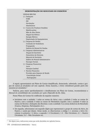 170 CONTABILIDADE EMPRESARIAL • Marion
DEMONSTRAÇÃO DO RESULTADO DO EXERCÍCIO
VENDAS BRUTAS
(–) Deduções
ICMS
ISS
Devoluções
Abatimentos
(–) Custos dos Produtos Vendidos
Matéria-prima
Mão de obra Direta
Aluguel da Fábrica
Energia Elétrica
Depreciação de Equipamentos
(–) Despesas de Vendas
Comissão de Vendedores
Propaganda
Salários do Pessoal de Vendas
(–) Despesas Administrativas
Aluguel de Escritório
Honorários da Diretoria
Material de Escritório
Salário do Pessoal Administrativo
Encargos Sociais
(–) Despesas Financeiras
Juros
Variação Cambial
+ Receita Financeira
Provisão para Imposto de Renda
Contribuição Social
Participações
A seguir, apresentamos um Plano de Contas simplificado, destacando, sobretudo, contas e gru-
pos de contas já estudados até este capítulo. Dessa maneira, o leitor relembrará grande parte dos
assuntos já estudados.2
Todavia, para maior aprofundamento e detalhamento em Plano de Contas, recomendamos o
Manual de contabilidade das sociedades por ações (Fipecafi) da Ed. Atlas.
Nosso Plano de Contas foi codificado da seguinte maneira:
• Iniciamos com a unidade 1 todas as contas do Ativo; com a unidade 2 todas as contas do
Passivo; com a unidade 3 todas as contas do Patrimônio Líquido; com a unidade 4 todas as
contas de Receita e deduções das Receitas e com a unidade 5 as contas dedutivas do Resultado
(Custos, Despesas, Participações etc.).
• Em seguida, adicionamos um segundo dígito que representará o grupo de contas do Ativo, do
Passivo, e assim por diante. Desse modo, se observarmos o código 1.1, teremos o Ativo Cir-
culante (o primeiro 1 é Ativo, o segundo 1 é Circulante); 1.2 – Não Circulante; 2.1 – Passivo
Circulante; 2.2 – Não Circulante etc.
2
Em alguns casos, indicaremos contas que serão abordadas em capítulos futuros.
Livro 1.indb 170
Livro 1.indb 170 2/4/2015 13:27:52
2/4/2015 13:27:52
 