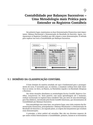 9
Contabilidade por Balanços Sucessivos –
Uma Metodologia mais Prática para
Entender os Registros Contábeis
Em primeiro lugar, examinamos as duas Demonstrações Financeiras mais impor-
tantes: Balanço Patrimonial e Demonstração do Resultado do Exercício. Agora, ave-
riguaremos os Registros Contábeis que dão origem a essas demonstrações. O método
para explicar isso será a Contabilidade por Balanços Sucessivos.
9.1 DOMÍNIO DA CLASSIFICAÇÃO CONTÁBIL
O bom domínio da matéria estudada até aqui é fundamental para o prossegui-
mento do curso. É necessário que, no mínimo, o estudante conheça bem onde classi-
ficar as contas: no Ativo, no Passivo, no Patrimônio Líquido e no Resultado (Despesas
e Receitas).
Em várias situações abordamos as terminologias Escrita Contábil, Registros Con-
tábeis, Lançamentos etc. Seria possível, com nossa aprendizagem até o momento,
realizar escrituração ou registrar fatos contábeis? Sim, por meio de uma metodologia,
para fins didáticos, introduzida pela Escola Contábil Americana, que denominamos de
Contabilidade por Balanços Sucessivos.
Essa metodologia tem como base, em primeiro lugar, uma visão conjunta das De-
monstrações Financeiras, principalmente o Balanço Patrimonial e a Demonstração do
Resultado do Exercício e, em segundo plano, as origens dos lançamentos que resultam
essas demonstrações.
A princípio, o leitor poderá até estranhar. Mas não nos devemos esquecer de
que assim evoluiu historicamente a Contabilidade: primeiro, faziam-se os Inventários
Livro 1.indb 185
Livro 1.indb 185 2/4/2015 13:27:53
2/4/2015 13:27:53
 