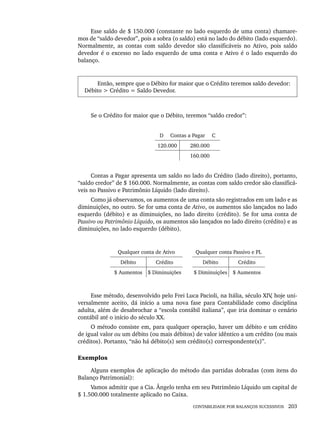 CONTABILIDADE POR BALANÇOS SUCESSIVOS 203
Esse saldo de $ 150.000 (constante no lado esquerdo de uma conta) chamare-
mos de “saldo devedor”, pois a sobra (o saldo) está no lado do débito (lado esquerdo).
Normalmente, as contas com saldo devedor são classificáveis no Ativo, pois saldo
devedor é o excesso no lado esquerdo de uma conta e Ativo é o lado esquerdo do
balanço.
Então, sempre que o Débito for maior que o Crédito teremos saldo devedor:
Débito > Crédito = Saldo Devedor.
Se o Crédito for maior que o Débito, teremos “saldo credor”:
D Contas a Pagar C
120.000 280.000
160.000
Contas a Pagar apresenta um saldo no lado do Crédito (lado direito), portanto,
“saldo credor” de $ 160.000. Normalmente, as contas com saldo credor são classificá-
veis no Passivo e Patrimônio Líquido (lado direito).
Como já observamos, os aumentos de uma conta são registrados em um lado e as
diminuições, no outro. Se for uma conta de Ativo, os aumentos são lançados no lado
esquerdo (débito) e as diminuições, no lado direito (crédito). Se for uma conta de
Passivo ou Patrimônio Líquido, os aumentos são lançados no lado direito (crédito) e as
diminuições, no lado esquerdo (débito).
Qualquer conta de Ativo Qualquer conta Passivo e PL
Débito Crédito Débito Crédito
$ Aumentos $ Diminuições $ Diminuições $ Aumentos
Esse método, desenvolvido pelo Frei Luca Pacioli, na Itália, século XIV
, hoje uni-
versalmente aceito, dá início a uma nova fase para Contabilidade como disciplina
adulta, além de desabrochar a “escola contábil italiana”, que iria dominar o cenário
contábil até o início do século XX.
O método consiste em, para qualquer operação, haver um débito e um crédito
de igual valor ou um débito (ou mais débitos) de valor idêntico a um crédito (ou mais
créditos). Portanto, “não há débito(s) sem crédito(s) correspondente(s)”.
Exemplos
Alguns exemplos de aplicação do método das partidas dobradas (com itens do
Balanço Patrimonial):
Vamos admitir que a Cia. Ângelo tenha em seu Patrimônio Líquido um capital de
$ 1.500.000 totalmente aplicado no Caixa.
Livro 1.indb 203
Livro 1.indb 203 2/4/2015 13:27:55
2/4/2015 13:27:55
 