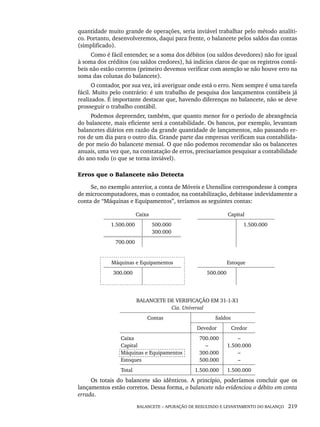 BALANCETE – APURAÇÃO DE RESULTADO E LEVANTAMENTO DO BALANÇO 219
quantidade muito grande de operações, seria inviável trabalhar pelo método analíti-
co. Portanto, desenvolveremos, daqui para frente, o balancete pelos saldos das contas
(simplificado).
Como é fácil entender, se a soma dos débitos (ou saldos devedores) não for igual
à soma dos créditos (ou saldos credores), há indícios claros de que os registros contá-
beis não estão corretos (primeiro devemos verificar com atenção se não houve erro na
soma das colunas do balancete).
O contador, por sua vez, irá averiguar onde está o erro. Nem sempre é uma tarefa
fácil. Muito pelo contrário: é um trabalho de pesquisa dos lançamentos contábeis já
realizados. É importante destacar que, havendo diferenças no balancete, não se deve
prosseguir o trabalho contábil.
Podemos depreender, também, que quanto menor for o período de abrangência
do balancete, mais eficiente será a contabilidade. Os bancos, por exemplo, levantam
balancetes diários em razão da grande quantidade de lançamentos, não passando er-
ros de um dia para o outro dia. Grande parte das empresas verificam sua contabilida-
de por meio do balancete mensal. O que não podemos recomendar são os balancetes
anuais, uma vez que, na constatação de erros, precisaríamos pesquisar a contabilidade
do ano todo (o que se torna inviável).
Erros que o Balancete não Detecta
Se, no exemplo anterior, a conta de Móveis e Utensílios correspondesse à compra
de microcomputadores, mas o contador, na contabilização, debitasse indevidamente a
conta de “Máquinas e Equipamentos”, teríamos as seguintes contas:
Caixa Capital
1.500.000 500.000
300.000
1.500.000
700.000
Máquinas e Equipamentos Estoque
300.000 500.000
BALANCETE DE VERIFICAÇÃO EM 31-1-X1
Cia. Universal
Contas Saldos
Devedor Credor
Caixa
Capital
Máquinas e Equipamentos
Estoques
700.000
–
300.000
500.000
–
1.500.000
–
–
Total 1.500.000 1.500.000
Os totais do balancete são idênticos. A princípio, poderíamos concluir que os
lançamentos estão corretos. Dessa forma, o balancete não evidenciou o débito em conta
errada.
Livro 1.indb 219
Livro 1.indb 219 2/4/2015 13:27:57
2/4/2015 13:27:57
 