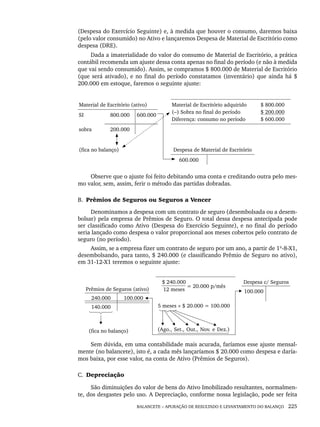 BALANCETE – APURAÇÃO DE RESULTADO E LEVANTAMENTO DO BALANÇO 225
(Despesa do Exercício Seguinte) e, à medida que houver o consumo, daremos baixa
(pelo valor consumido) no Ativo e lançaremos Despesa de Material de Escritório como
despesa (DRE).
Dada a imaterialidade do valor do consumo de Material de Escritório, a prática
contábil recomenda um ajuste dessa conta apenas no final do período (e não à medida
que vai sendo consumido). Assim, se compramos $ 800.000 de Material de Escritório
(que será ativado), e no final do período constatamos (inventário) que ainda há $
200.000 em estoque, faremos o seguinte ajuste:
Material de Escritório (ativo) Material de Escritório adquirido
(–) Sobra no final do período
Diferença: consumo no período
$ 800.000
$ 200.000
$ 600.000
SI 800.000 600.000
sobra 200.000
(fica no balanço) Despesa de Material de Escritório
600.000
Observe que o ajuste foi feito debitando uma conta e creditando outra pelo mes-
mo valor, sem, assim, ferir o método das partidas dobradas.
B. Prêmios de Seguros ou Seguros a Vencer
Denominamos a despesa com um contrato de seguro (desembolsada ou a desem-
bolsar) pela empresa de Prêmios de Seguro. O total dessa despesa antecipada pode
ser classificado como Ativo (Despesa do Exercício Seguinte), e no final do período
seria lançado como despesa o valor proporcional aos meses cobertos pelo contrato de
seguro (no período).
Assim, se a empresa fizer um contrato de seguro por um ano, a partir de 1º-8-X1,
desembolsando, para tanto, $ 240.000 (e classificando Prêmio de Seguro no ativo),
em 31-12-X1 teremos o seguinte ajuste:
Sem dúvida, em uma contabilidade mais acurada, faríamos esse ajuste mensal-
mente (no balancete), isto é, a cada mês lançaríamos $ 20.000 como despesa e daría-
mos baixa, por esse valor, na conta de Ativo (Prêmios de Seguros).
C. Depreciação
São diminuições do valor de bens do Ativo Imobilizado resultantes, normalmen-
te, dos desgastes pelo uso. A Depreciação, conforme nossa legislação, pode ser feita
Livro 1.indb 225
Livro 1.indb 225 2/4/2015 13:27:58
2/4/2015 13:27:58
 