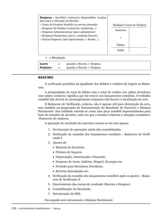 238 CONTABILIDADE EMPRESARIAL • Marion
Despesa – Sacrifício (esforços) despendidos (realiza-
dos) para a obtenção da Receita:
– Custo do Produto Vendido ou serviço prestado
– Despesas de Vendas (comercial, marketing...)
– Despesas Administrativas (para administrar)
– Despesas Financeiras (juros, comissão bancos)
– Outras Despesas (não operacionais, I. Renda...)
Qualquer Conta de Despesa
Aumento
+
Débito
Saldo
= → Resultado
Lucro
Prejuízo
→
→
quando a Receita > Despesa
quando a Receita < Despesa
RESUMO
A verificação periódica da igualdade dos débitos e créditos dá origem ao Balan-
cete.
A desigualdade do total de débito com o total de crédito (ou saldos devedores
com saldos credores) significa que há erro(s) nos lançamentos contábeis. O trabalho
contábil não deverá ter prosseguimento enquanto não houver a localização do erro.
O Balancete de Verificação, todavia, não é apenas útil para detectação do erro,
mas também na preparação da Demonstração do Resultado do Exercício e Balanço
Patrimonial. Sua utilidade estende-se como uma peça contábil importantíssima para
base de tomadas de decisões, uma vez que o mesmo evidencia a situação econômico-
-financeira da empresa.
A apuração do resultado do exercício resume-se em sete passos:
1. Escrituração de operações ainda não contabilizadas.
2. Verificação da exatidão dos lançamentos contábeis – Balancete de Verifi-
cação I.
3. Ajustes de:
• Material de Escritório.
• Prêmios de Seguros.
• Depreciação, Amortização e Exaustão.
• Despesas de Juros, Salários, Aluguel, Encargos etc.
• Provisão para Devedores Duvidosos.
• Receitas Antecipadas etc.
4. Verificação da exatidão dos lançamentos contábeis após os ajustes – Balan-
cete de Verificação II.
5. Encerramento das contas de resultado (Receita e Despesa).
6. Contabilização do Resultado.
7. Estruturação da DRE.
Em seguida será estruturado o Balanço Patrimonial.
Livro 1.indb 238
Livro 1.indb 238 2/4/2015 13:28:00
2/4/2015 13:28:00
 