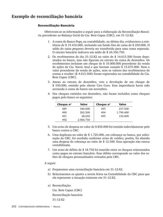292 CONTABILIDADE EMPRESARIAL • Marion
Exemplo de reconciliação bancária
Reconciliação Bancária
Obtiveram-se as informações a seguir para a elaboração da Reconciliação Bancá-
ria precedente ao Balanço Geral da Cia. Bem Capaz (CBC), em 31-12-X2:
1. A conta do Banco Popy, na contabilidade, no último dia, evidenciava a exis-
tência de $ 19.416.600, incluindo um fundo fixo de caixa de $ 250.000. O
saldo do caixa pequeno deveria ser transferido para uma conta separada.
O extrato bancário indicava um saldo de $ 24.336.750.
2. Os recebimentos do dia 31-12-X2 no valor de $ 14.615.500 foram depo-
sitados no banco, mas não figuram no extrato da conta de dezembro. Os
recebimentos incluíam um cheque de $ 10.000.000 procedente da venda
de ações da Cia. Navio Azul e que haviam custado $ 15.675.000. Nem o
valor procedente da venda de ações, nem os valores dos recebimentos de
contas a receber ($ 4.615.500) foram registrados na contabilidade da Cia.
Bem Capaz (CBC).
3. Anexo ao extrato de dezembro, veio a devolução de um cheque de
$ 550.000, emitido pelo cliente Ciro Coro. Esta importância havia sido
acrescida à conta do banco em novembro.
4. Dos cheques emitidos em dezembro, não foram incluídos como cheques
pagos pelo banco os seguintes:
Cheque nº Valor Cheque nº Valor
489
490
491
492
340.600
262.500
28.650
2.066.750
493
494
495
237.500
1.790.400
150.000
5. Um aviso de despesa no valor de $ 850.000 foi emitido indevidamente pelo
banco contra a CBC.
6. Uma duplicata no valor de $ 1.725.000, em cobrança no banco, por solici-
tação da CBC, foi recebida conforme aviso de crédito; porém, foi abatida
uma despesa de cobrança no valor de $ 12.500. Essa operação não estava
contabilizada.
7. Um aviso de débito de $ 18.750 foi inserido entre os cheques relacionados
como pagos no extrato bancário. Esse débito corresponde ao valor dos ta-
lões de cheques personalizados retirados pela CBC.
A seguir:
a) Preparemos uma reconciliação bancária em 31-12-X2.
b) Relacionemos os ajustes a serem feitos na Contabilidade da CBC para que
ela represente a situação existente em 31-12-X2.
a) Reconciliação:
Cia. Bem Capaz (CBC)
Reconciliação bancária
31-12-X2
Livro 1.indb 292
Livro 1.indb 292 2/4/2015 13:28:15
2/4/2015 13:28:15
 