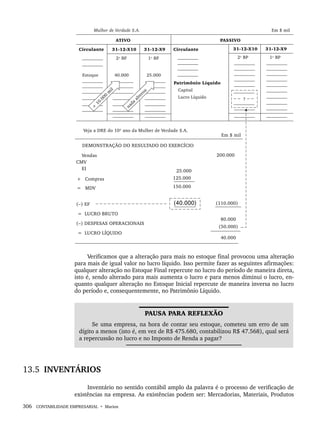 306 CONTABILIDADE EMPRESARIAL • Marion
Verificamos que a alteração para mais no estoque final provocou uma alteração
para mais de igual valor no lucro líquido. Isso permite fazer as seguintes afirmações:
qualquer alteração no Estoque Final repercute no lucro do período de maneira direta,
isto é, sendo alterado para mais aumenta o lucro e para menos diminui o lucro, en-
quanto qualquer alteração no Estoque Inicial repercute de maneira inversa no lucro
do período e, consequentemente, no Patrimônio Líquido.
PAUSA PARA REFLEXÃO
Se uma empresa, na hora de contar seu estoque, cometeu um erro de um
dígito a menos (isto é, em vez de R$ 475.680, contabilizou R$ 47.568), qual será
a repercussão no lucro e no Imposto de Renda a pagar?
13.5 INVENTÁRIOS
Inventário no sentido contábil amplo da palavra é o processo de verificação de
existências na empresa. As existências podem ser: Mercadorias, Materiais, Produtos
Livro 1.indb 306
Livro 1.indb 306 2/4/2015 13:28:21
2/4/2015 13:28:21
 