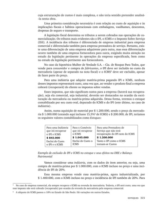 ESTOQUES 315
cuja estruturação de custos é mais complexa, e não teria sentido pretender analisá-
-la nesta obra.
Uma primeira consideração necessária é com relação ao custo de aquisição e às
implicações fiscais e hábitos operacionais com embalagens, vasilhames, descontos,
despesas de seguro e transporte.
A legislação fiscal determina os tributos a serem cobrados nas operações de co-
mercialização. Os tributos mais evidentes são o IPI, o ICMS e o Imposto Sobre Serviço
(ISS). A incidência dos tributos é diferenciada de empresa industrial para empresa
comercial e diferenciada também para empresa prestadora de serviço. Portanto, exis-
te uma diferenciação de uma empresa adquirente para outra, mas essa diferenciação
ocorre também de uma empresa fornecedora para outra, exigindo muita atenção no
estudo da legislação pertinente às operações da empresa especificada, bem como
no estudo da legislação pertinente aos fornecedores.
No caso da hipotética Mulher de Verdade S.A. – Cia. de Roupas Para Todos, que
vende para consumidor e compra de fabricantes, o IPI deve ser incluído no custo da
mercadoria (apesar de separado na nota fiscal) e o ICMS5
deve ser excluído, apesar
de fazer parte do preço.
Para uma indústria que adquire matéria-prima pagando IPI e ICMS, nenhum
desses impostos representará custo, uma vez que, ao vender o produto final a empresa
cobrará (recuperará) do cliente os impostos sobre vendas.
Esses impostos, que não significam custos para a empresa (haverá sua recupera-
ção), seja ela comercial, seja industrial, deverão ser destacados na ocasião da escri-
turação da mercadoria ou matéria-prima adquirida. Dessa forma, teremos o estoque
contabilizado por seu custo real, depurado do ICMS e do IPI (este último, no caso de
indústria).
Assim, numa aquisição de material por $ 1.200.000, sendo o preço da mercado-
ria $ 1.000.000 (estando aqui inclusos 15,5%6
de ICMS) e $ 200.000, de IPI, teríamos
os seguintes valores contabilizados como Estoques:
Para uma Indústria
que irá recuperar
o IPI e ICMS
$ 845.000
Exclui do Custo
o IPI e o ICMS
Para o Comércio
que irá recuperar
o ICMS
$ 1.045.000
Exclui do Custo o
ICMS
Para uma Prestadora de
Serviço que não terá
recuperação do IPI nem do ICMS
$ 1.200.000
Tanto o IPI como o ICMS
tornam-se Custos
Exemplo de exclusão de IPI e ICMS no estoque e seus efeitos na DRE e Balanço
Patrimonial
Vamos considerar uma indústria, com os dados do item anterior, ou seja, uma
compra de matéria-prima por $ 1.000.000, com o ICMS incluso no preço e uma inci-
dência de IPI de 20%.
Essa mesma empresa vende essa matéria-prima, agora industrializada, por
$ 1.400.000, com o ICMS incluso no preço e incidência de IPI também de 20%. Para
5
No caso de empresa comercial, ela sempre recupera o ICMS na revenda da mercadoria. Todavia, o IPI será custo, uma vez que
esse imposto não será cobrado (recuperado) por ocasião da revenda da mercadoria pela empresa comercial.
6
A alíquota do ICMS passou a 18% no Estado de São Paulo. Há variações em outros Estados.
Livro 1.indb 315
Livro 1.indb 315 2/4/2015 13:28:24
2/4/2015 13:28:24
 