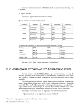 322 CONTABILIDADE EMPRESARIAL • Marion
Como nos critérios anteriores, o MDV é imutável; onde acontece a diferença é no
CMV e EF.
b) Regime Periódico
É inviável o Regime Periódico com esse critério.
Quadro Sintético da Conclusão Conceitual
Critérios Regimes Viabilidade Legalidade Uso Prático
PEPS
Permanente Sim Sim Não
Periódico Sim Sim Sim
UEPS
Permanente Sim Não Não
Periódico Difícil Não Não
Médio
Permanente Sim Sim Sim
Periódico Não Sim Não
Demonstração Comparada da Apuração do Lucro nos Diferentes Critérios
Detalhes PEPS UEPS Médio
– Venda
= CMV
460,00
250,00
460,00
290,00
460,00
270,63
Lucro Bruto 210,00 170,00 199,37
Estoque Final 270,00 230,00 249,37
Veja que a UEPS (Lifo) é o que apresenta o menor lucro.8
13.10 AVALIAÇÃO DE ESTOQUE A CUSTO DE REPOSIÇÃO (NIFO)
Como já vimos, o método UEPS (LIFO) é o que mais se aproxima ao preço de
mercado, pois toma como base o preço da última compra. Esse método não é aceito
pela legislação, embora, em épocas inflacionárias, é o que se aproxima mais de nossa
realidade.
É o custo de reposição, todavia, o ideal, sobretudo em economias inflacionárias
como a nossa. Muito melhor que o LIFO, o custo a valores de reposição é conhecido
como Nifo (Next In, First Out), ou seja, o valor do próximo produto a ser adquirido é
o que servirá de base para avaliação de Estoques. Esse método também não é aceito
por nossa legislação, pois, normalmente, reduz o Lucro Real (Lucro Tributável).
A avaliação baseada em Custo de Reposição seria calcada no seguinte:
“Quanto custaria se eu adquirisse a mercadoria hoje?”
8
Nesse caso, a empresa pagaria menos Imposto de Renda se adotasse o Ueps.
Livro 1.indb 322
Livro 1.indb 322 2/4/2015 13:28:28
2/4/2015 13:28:28
 