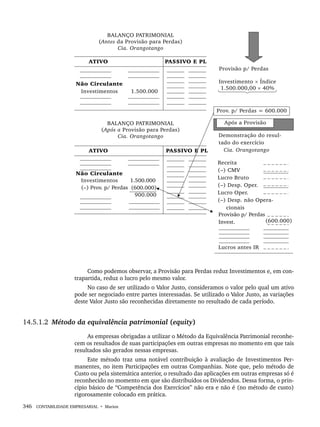 346 CONTABILIDADE EMPRESARIAL • Marion
Como podemos observar, a Provisão para Perdas reduz Investimentos e, em con-
trapartida, reduz o lucro pelo mesmo valor.
No caso de ser utilizado o Valor Justo, consideramos o valor pelo qual um ativo
pode ser negociado entre partes interessadas. Se utilizado o Valor Justo, as variações
deste Valor Justo são reconhecidas diretamente no resultado de cada período.
14.5.1.2 Método da equivalência patrimonial (equity)
As empresas obrigadas a utilizar o Método da Equivalência Patrimonial reconhe-
cem os resultados de suas participações em outras empresas no momento em que tais
resultados são gerados nessas empresas.
Este método traz uma notável contribuição à avaliação de Investimentos Per-
manentes, no item Participações em outras Companhias. Note que, pelo método de
Custo ou pela sistemática anterior, o resultado das aplicações em outras empresas só é
reconhecido no momento em que são distribuídos os Dividendos. Dessa forma, o prin-
cípio básico de “Competência dos Exercícios” não era e não é (no método de custo)
rigorosamente colocado em prática.
Livro 1.indb 346
Livro 1.indb 346 2/4/2015 13:28:34
2/4/2015 13:28:34
 