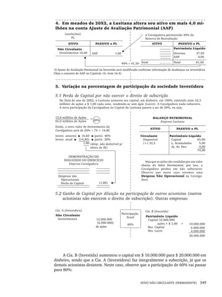 ATIVO NÃO CIRCULANTE (PERMANENTE) 349
A Cia. B (Investida) aumentou o capital em $ 10.000.000 para $ 20.000.000 em
dinheiro, sendo que a Cia. A (Investidora) faz integralmente a subscrição, já que os
demais acionistas desistem. Neste caso, observe que a participação de 60% vai passar
para 80%:
Livro 1.indb 349
Livro 1.indb 349 2/4/2015 13:28:36
2/4/2015 13:28:36
 