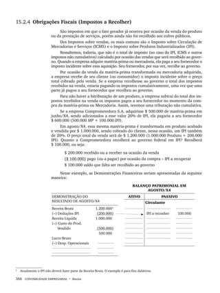 366 CONTABILIDADE EMPRESARIAL • Marion
15.2.4 Obrigações Fiscais (Impostos a Recolher)
São impostos em que o fato gerador já ocorreu por ocasião da venda do produto
ou da prestação de serviços, porém ainda não foi recolhido aos cofres públicos.
Dos Impostos sobre vendas, os mais comuns são o Imposto sobre Circulação de
Mercadorias e Serviços (ICMS) e o Imposto sobre Produtos Industrializados (IPI).
Ressaltemos, todavia, que não é o total de imposto (no caso do IPI, ICMS e outros
impostos não cumulativos) calculado por ocasião das vendas que será recolhido ao gover-
no. Quando a empresa adquire matéria-prima ou mercadoria, ela paga a seu fornecedor o
imposto incidente sobre essa aquisição. Seu fornecedor, por sua vez, recolhe ao governo.
Por ocasião da venda da matéria-prima transformada ou mercadoria adquirida,
a empresa recebe de seu cliente (ou consumidor) o imposto incidente sobre o preço
total cobrado pela venda. Se a empresa recolhesse ao governo o total dos impostos
recebidos na venda, estaria pagando os impostos cumulativamente, uma vez que uma
parte já pagou a seu fornecedor que recolheu ao governo.
Para não haver a bitributação de um produto, a empresa subtrai do total dos im-
postos recebidos na venda os impostos pagos a seu fornecedor no momento da com-
pra da matéria-prima ou Mercadoria. Assim, teremos uma tributação não cumulativa.
Se a empresa Comprometedora S.A. adquirisse $ 500.000 de matéria-prima em
junho/X4, sendo adicionados a esse valor 20% de IPI, ela pagaria a seu fornecedor
$ 600.000 (500.000 MP + 100.000 IPI).
Em agosto/X4, essa mesma matéria-prima é transformada em produto acabado
e vendida por $ 1.000.000, sendo cobrado do cliente, nessa ocasião, um IPI também
de 20%. O preço total da venda será de $ 1.200.000 (1.000.000 Produto + 200.000
IPI). Quanto a Comprometedora recolherá ao governo federal em IPI? Recolherá
$ 100.000, ou seja:
$ 200.000 recebido ou a receber na ocasião da venda
($ 100.000) pago (ou a pagar) por ocasião da compra – IPI a recuperar
$ 100.000 saldo que falta ser recolhido ao governo
Nesse exemplo, as Demonstrações Financeiras seriam apresentadas da seguinte
maneira:
BALANÇO PATRIMONIAL EM
AGOSTO/X4
DEMONSTRAÇÃO DO
RESULTADO DE AGOSTO/X4
ATIVO PASSIVO
Circulante
Receita Bruta
(–) Deduções IPI
Receita Líquida
(–) Custo do Prod.
Vendido
Lucro Bruto
(–) Desp. Operacionais
1.200.0003
(200.000)
1.000.000
(500.000)
500.000
IPI a reconher 100.000
3
3
Atualmente o IPI não deverá fazer parte da Receita Bruta. O exemplo é para fins didátivos.
Livro 1.indb 366
Livro 1.indb 366 2/4/2015 13:28:40
2/4/2015 13:28:40
 