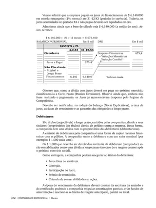 372 CONTABILIDADE EMPRESARIAL • Marion
Vamos admitir que a empresa pagará os juros do financiamento de $ 6.140.000
em moeda estrangeira (1% mensal) até 31-12-X3 (período de carência). Todavia, os
juros acumulados no período X3 e não pagos deverão ser liquidados em X4.
Admitimos ainda que a base de cálculo seja $ 6.140.000 (a média do ano). As-
sim, teremos:
Observe que, como a dívida com juros deverá ser paga no próximo exercício,
classificamo-la a Curto Prazo (Passivo Circulante). Observe ainda que, embora não
fosse realizado o pagamento, os Juros já representavam despesas pelo Regime de
Competência.
Deverão ser notificadas, no rodapé do balanço (Notas Explicativas), a taxa de
juros, as datas de vencimento e as garantias das obrigações a longo prazo.
Debêntures
São títulos (negociáveis) a longo prazo, emitidos pelas companhias, dando a seus
titulares (proprietários dos títulos) direito de crédito contra a empresa. Dessa forma,
a companhia tem uma dívida com os proprietários das debêntures (debenturistas).
A emissão de debêntures pela companhia é uma forma de captar recursos finan-
ceiros com o público. A companhia emite a debênture com um valor nominal (por
exemplo: $ 1.000 cada uma).
Os $ 1.000 que deverão ser devolvidos ao titular da debênture (comprador) se-
rão contabilizados como uma dívida a longo prazo (no caso de o resgate ocorrer após
o próximo exercício social).
Como vantagens, a companhia poderá assegurar ao titular da debênture:
• Juros fixos ou variáveis.
• Correção.
• Participação no lucro.
• Prêmio de reembolso.
• Cláusula de conversibilidade em ações.
A época do vencimento da debênture deverá constar da escritura da emissão e
do certificado, podendo a companhia estipular amortizações parciais, criar fundos de
amortização e reservar-se o direito de resgate antecipado, parcial ou total.
Livro 1.indb 372
Livro 1.indb 372 2/4/2015 13:28:41
2/4/2015 13:28:41
 