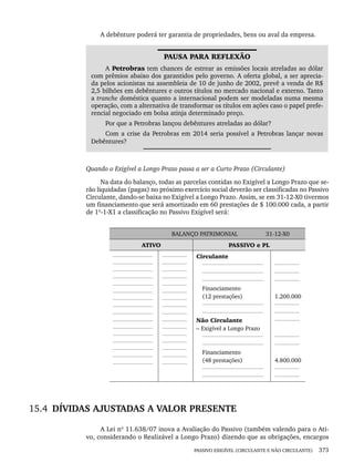 PASSIVO EXIGÍVEL (CIRCULANTE E NÃO CIRCULANTE) 373
A debênture poderá ter garantia de propriedades, bens ou aval da empresa.
PAUSA PARA REFLEXÃO
A Petrobras tem chances de estrear as emissões locais atreladas ao dólar
com prêmios abaixo dos garantidos pelo governo. A oferta global, a ser aprecia-
da pelos acionistas na assembleia de 10 de junho de 2002, prevê a venda de R$
2,5 bilhões em debêntures e outros títulos no mercado nacional e externo. Tanto
a tranche doméstica quanto a internacional podem ser modeladas numa mesma
operação, com a alternativa de transformar os títulos em ações caso o papel prefe-
rencial negociado em bolsa atinja determinado preço.
Por que a Petrobras lançou debêntures atreladas ao dólar?
Com a crise da Petrobras em 2014 seria possível a Petrobras lançar novas
Debêntures?
Quando o Exigível a Longo Prazo passa a ser a Curto Prazo (Circulante)
Na data do balanço, todas as parcelas contidas no Exigível a Longo Prazo que se-
rão liquidadas (pagas) no próximo exercício social deverão ser classificadas no Passivo
Circulante, dando-se baixa no Exigível a Longo Prazo. Assim, se em 31-12-X0 tivermos
um financiamento que será amortizado em 60 prestações de $ 100.000 cada, a partir
de 1º-1-X1 a classificação no Passivo Exigível será:
BALANÇO PATRIMONIAL 31-12-X0
ATIVO PASSIVO e PL
Circulante
Financiamento
(12 prestações)
Não Circulante
– Exigível a Longo Prazo
Financiamento
(48 prestações)
1.200.000
4.800.000
15.4 DÍVIDAS AJUSTADAS A VALOR PRESENTE
A Lei nº 11.638/07 inova a Avaliação do Passivo (também valendo para o Ati-
vo, considerando o Realizável a Longo Prazo) dizendo que as obrigações, encargos
Livro 1.indb 373
Livro 1.indb 373 2/4/2015 13:28:41
2/4/2015 13:28:41
 
