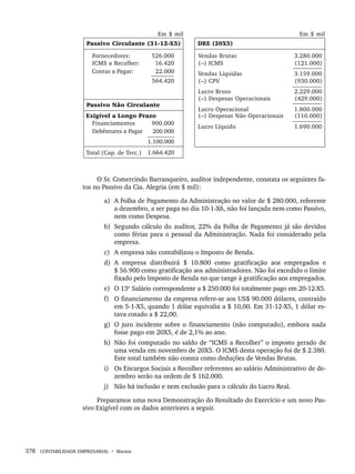 378 CONTABILIDADE EMPRESARIAL • Marion
O Sr. Comercindo Barranqueiro, auditor independente, constata os seguintes fa-
tos no Passivo da Cia. Alegria (em $ mil):
a) A Folha de Pagamento da Administração no valor de $ 280.000, referente
a dezembro, a ser paga no dia 10-1-X6, não foi lançada nem como Passivo,
nem como Despesa.
b) Segundo cálculo do auditor, 22% da Folha de Pagamento já são devidos
como férias para o pessoal da Administração. Nada foi considerado pela
empresa.
c) A empresa não contabilizou o Imposto de Renda.
d) A empresa distribuirá $ 10.800 como gratificação aos empregados e
$ 56.900 como gratificação aos administradores. Não foi excedido o limite
fixado pelo Imposto de Renda no que tange à gratificação aos empregados.
e) O 13º Salário correspondente a $ 250.000 foi totalmente pago em 20-12-X5.
f) O financiamento da empresa refere-se aos US$ 90.000 dólares, contraído
em 5-1-X5, quando 1 dólar equivalia a $ 10,00. Em 31-12-X5, 1 dólar es-
tava cotado a $ 22,00.
g) O juro incidente sobre o financiamento (não computado), embora nada
fosse pago em 20X5, é de 2,1% ao ano.
h) Não foi computado no saldo de “ICMS a Recolher” o imposto gerado de
uma venda em novembro de 20X5. O ICMS desta operação foi de $ 2.380.
Este total também não consta como deduções de Vendas Brutas.
i) Os Encargos Sociais a Recolher referentes ao salário Administrativo de de-
zembro serão na ordem de $ 162.000.
j) Não há inclusão e nem exclusão para o cálculo do Lucro Real.
Preparamos uma nova Demonstração do Resultado do Exercício e um novo Pas-
sivo Exigível com os dados anteriores a seguir.
Livro 1.indb 378
Livro 1.indb 378 2/4/2015 13:28:41
2/4/2015 13:28:41
 