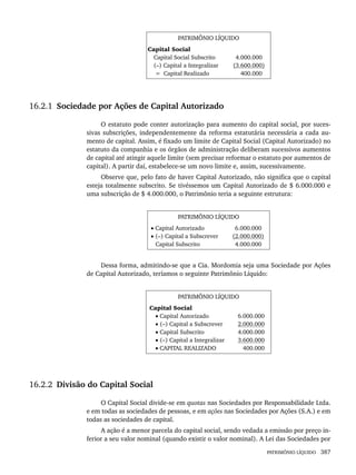 PATRIMÔNIO LÍQUIDO 387
PATRIMÔNIO LÍQUIDO
Capital Social
Capital Social Subscrito
(–) Capital a Integralizar
= Capital Realizado
4.000.000
(3.600.000)
400.000
16.2.1 Sociedade por Ações de Capital Autorizado
O estatuto pode conter autorização para aumento do capital social, por suces-
sivas subscrições, independentemente da reforma estatutária necessária a cada au-
mento de capital. Assim, é fixado um limite de Capital Social (Capital Autorizado) no
estatuto da companhia e os órgãos de administração deliberam sucessivos aumentos
de capital até atingir aquele limite (sem precisar reformar o estatuto por aumentos de
capital). A partir daí, estabelece-se um novo limite e, assim, sucessivamente.
Observe que, pelo fato de haver Capital Autorizado, não significa que o capital
esteja totalmente subscrito. Se tivéssemos um Capital Autorizado de $ 6.000.000 e
uma subscrição de $ 4.000.000, o Patrimônio teria a seguinte estrutura:
PATRIMÔNIO LÍQUIDO
• Capital Autorizado
• (–) Capital a Subscrever
Capital Subscrito
6.000.000
(2.000.000)
4.000.000
Dessa forma, admitindo-se que a Cia. Mordomia seja uma Sociedade por Ações
de Capital Autorizado, teríamos o seguinte Patrimônio Líquido:
PATRIMÔNIO LÍQUIDO
Capital Social
• Capital Autorizado
• (–) Capital a Subscrever
• Capital Subscrito
• (–) Capital a Integralizar
• CAPITAL REALIZADO
6.000.000
2.000.000
4.000.000
3.600.000
400.000
16.2.2 Divisão do Capital Social
O Capital Social divide-se em quotas nas Sociedades por Responsabilidade Ltda.
e em todas as sociedades de pessoas, e em ações nas Sociedades por Ações (S.A.) e em
todas as sociedades de capital.
A ação é a menor parcela do capital social, sendo vedada a emissão por preço in-
ferior a seu valor nominal (quando existir o valor nominal). A Lei das Sociedades por
Livro 1.indb 387
Livro 1.indb 387 2/4/2015 13:28:42
2/4/2015 13:28:42
 