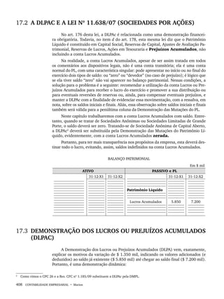 408 CONTABILIDADE EMPRESARIAL • Marion
17.2 A DLPAC E A LEI Nº 11.638/07 (SOCIEDADES POR AÇÕES)
No art. 176 desta lei, a DLPAc é relacionada como uma demonstração financei-
ra obrigatória. Todavia, no item d do art. 178, esta mesma lei diz que o Patrimônio
Líquido é constituído em Capital Social, Reservas de Capital, Ajustes de Avaliação Pa-
trimonial, Reservas de Lucros, Ações em Tesouraria e Prejuízos Acumulados, não
incluindo a conta Lucros Acumulados.
Na realidade, a conta Lucros Acumulados, apesar de ser assim tratada em todos
os comentários aos dispositivos legais, não é uma conta transitória; ela é uma conta
normal do PL, com uma característica singular: pode apresentar no início ou no final do
exercício dois tipos de saldo: ou “zero” ou “devedor” (no caso de prejuízo); é lógico que
se ela tiver saldo “zero” não vai aparecer no balanço patrimonial. Nessas condições, a
solução para o problema é a seguinte: recomendar a utilização da conta Lucros ou Pre-
juízos Acumulados para receber o lucro do exercício e promover a sua distribuição ou
para eventuais reversões de reservas ou, ainda, para compensar eventuais prejuízos, e
manter a DLPAc com a finalidade de evidenciar essa movimentação, com a ressalva, em
nota, sobre os saldos iniciais e finais. Aliás, essa observação sobre saldos iniciais e finais
também será válida para a penúltima coluna da Demonstração das Mutações do PL.
Neste capítulo trabalharemos com a conta Lucros Acumulados com saldo. Entre-
tanto, quando se tratar de Sociedades Anônimas ou Sociedades Limitadas de Grande
Porte, o saldo deverá ser zero. Tratando-se de Sociedade Anônima de Capital Aberto,
a DLPAc2
deverá ser substituída pela Demonstração das Mutações do Patrimônio Lí-
quido, evidentemente, com a conta Lucros Acumulados zerada.
Portanto, para ter mais transparência nos propósitos da empresa, esta deverá des-
tinar todo o lucro, evitando, assim, saldos indefinidos na conta Lucros Acumulados.
BALANÇO PATRIMONIAL
17.3 DEMONSTRAÇÃO DOS LUCROS OU PREJUÍZOS ACUMULADOS
(DLPAC)
A Demonstração dos Lucros ou Prejuízos Acumulados (DLPA) vem, exatamente,
explicar os motivos da variação de $ 1.350 mil, indicando os valores adicionados (e
deduzidos) ao saldo já existente ($ 5.850 mil) até chegar ao saldo final ($ 7.200 mil).
Portanto, é uma demonstração dinâmica:
2
Como vimos o CPC 26 e a Res. CFC nº 1.185/09 substituem a DLPAc pela DMPL.
Livro 1.indb 408
Livro 1.indb 408 2/4/2015 13:28:44
2/4/2015 13:28:44
 