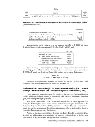 DEMONSTRAÇÃO DOS LUCROS OU PREJUÍZOS ACUMULADOS 409
Estrutura da Demonstração dos Lucros ou Prejuízos Acumulados (DLPA)
(de forma simplificada)
Em $ mil
Saldo no início do período (1º-1-X2)
+ Lucro Líquido do Exercício (ou – Prejuízo) (apurado na DRE)
(–) Distribuição do Lucro (Dividendos)
Saldo no final do período (31-12-X2)
5.850
- - - -
(- - - -)
7.200
Vamos admitir que a empresa teve um lucro no período de $ 2.000 mil e que
$ 650 mil foram distribuídos como dividendos. Então, a DLPA será:
Em $ mil
Saldo em 1º-1-X2
+ Lucro Líquido do Exercício
+ Saldo à disposição da Diretoria
(–) Dividendos distribuídos
(–) Saldo em 31-12-X2
5.850
2.000
7.850
(650)
7.200
Dessa forma, podemos explicar a variação de Lucros Acumulados evidenciados
no Balanço pelos saldos no início e fim do período: houve um lucro no exercício de
$ 2.000 mil, sendo que $ 650 mil foram distribuídos em forma de dividendos.
Em $ mil
(5.850 + 2.000 – 650 = 7.200)
Portanto, “acumularam-se” ao saldo já existente $ 1.350 mil (2.000 – 650) resul-
tantes do lucro não distribuído e não destinado a outros fins.
Onde termina a Demonstração do Resultado do Exercício (DRE) e onde
começa a Demonstração dos Lucros ou Prejuízos Acumulados (DLPA)
Como sabemos, a Demonstração do Resultado do Exercício (DRE) evidencia o
Lucro Líquido do Período, ou seja, o lucro final, após todas as deduções e participa-
ções, que sobra para os proprietários.
Mas qual é o destino do Lucro Líquido apurado na DRE? O passo seguinte, por-
tanto, é a distribuição daquele lucro. E aqui, exatamente, começa a Demonstração dos
Lucros ou Prejuízos Acumulados (DLPA); somando-se o Lucro Líquido do exercício ao
saldo dos Lucros Acumulados já existente, apuraremos o lucro à disposição dos pro-
prietários da empresa para ser distribuído.
Assim, se tivermos, em milhares de reais, um Lucro Líquido no período X3 de
$ 3.000, um saldo de Lucros Acumulados (no Balanço) no início de X3 de $ 950 e uma
Distribuição de Dividendos de $ 1.600, faremos o seguinte:
Livro 1.indb 409
Livro 1.indb 409 2/4/2015 13:28:45
2/4/2015 13:28:45
 