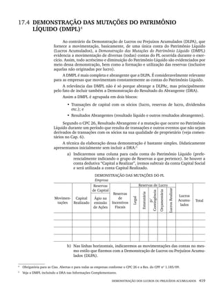 DEMONSTRAÇÃO DOS LUCROS OU PREJUÍZOS ACUMULADOS 419
17.4 DEMONSTRAÇÃO DAS MUTAÇÕES DO PATRIMÔNIO
LÍQUIDO (DMPL)4
Ao contrário da Demonstração de Lucros ou Prejuízos Acumulados (DLPA), que
fornece a movimentação, basicamente, de uma única conta do Patrimônio Líquido
(Lucros Acumulados), a Demonstração das Mutações do Patrimônio Líquido (DMPL)
evidencia a movimentação de diversas (todas) contas do PL ocorrida durante o exer-
cício. Assim, todo acréscimo e diminuição do Patrimônio Líquido são evidenciados por
meio dessa demonstração, bem como a formação e utilização das reservas (inclusive
aquelas não originadas por lucro).
A DMPL é mais completa e abrangente que a DLPA. É consideravelmente relevante
para as empresas que movimentam constantemente as contas do Patrimônio Líquido.
A relevância das DMPL não é só porque abrange a DLPAc, mas principalmente
pelo fato de incluir também a Demonstração do Resultado do Abrangente (DRA).
Assim a DMPL é agrupada em dois blocos:
• Transações de capital com os sócios (lucro, reservas de lucro, dividendos
etc.); e
• Resultados Abrangentes (resultado líquido e outros resultados abrangentes).
Segundo o CPC 26, Resultado Abrangente é a mutação que ocorre no Patrimônio
Líquido durante um período que resulta de transações e outros eventos que não sejam
derivados de transações com os sócios na sua qualidade de proprietário (veja comen-
tários no Cap. 6).
A técnica da elaboração dessa demonstração é bastante simples. Didaticamente
apresentamos inicialmente sem incluir a DRA:5
a) Indicaremos uma coluna para cada conta do Patrimônio Líquido (prefe-
rencialmente indicando o grupo de Reservas a que pertence). Se houver a
conta dedutiva “Capital a Realizar”, iremos subtrair da conta Capital Social
e será utilizada a conta Capital Realizado.
b) Nas linhas horizontais, indicaremos as movimentações das contas no mes-
mo estilo que fizemos com a Demonstração de Lucros ou Prejuízos Acumu-
lados (DLPA).
4
Obrigatória para as Cias. Abertas e para todas as empresas conforme o CPC 26 e a Res. do CPF nº 1.185/09.
5
Veja a DMPL incluindo a DRA nas Informações Complementares.
Livro 1.indb 419
Livro 1.indb 419 2/4/2015 13:28:46
2/4/2015 13:28:46
 