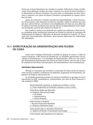 440 CONTABILIDADE EMPRESARIAL • Marion
forma que se possa demonstrar sua variação no período. Enfocamos o Caixa, conside-
ramos como aplicações (saídas) do caixa o aumento nas contas do Ativo Circulante e
as diminuições no Passivo Circulante. Por outro lado, as diminuições de Ativo Circu-
lante e aumentos nas contas do Passivo Circulante correspondem às origens (entra-
das) de caixa.
Apesar de evidenciar a variação ocorrida nas disponibilidades, o fluxo estrutura-
do, dessa maneira, não demonstra as diversas entradas e saídas de dinheiro do caixa
por seus valores efetivos, mas fornece uma simplificação com base em uma diferença
de saldos ou inclusão de alguns itens que não afetam as disponibilidades como despe-
sas antecipadas, provisão para Imposto de Renda etc.
Esse modelo é muitas vezes preferido por aqueles que elaboram o Fluxo de Cai-
xa, justamente pelas semelhanças existentes em relação ao método de montagem da
Demonstração de Origens e Aplicações de Recursos estudada no Capítulo 19, com o
qual estão mais habituados. Entretanto, deixa lacunas importantes na evidenciação
das informações.
18.4 ESTRUTURAÇÃO DA DEMONSTRAÇÃO DOS FLUXOS
DE CAIXA
Assim como o Balanço Patrimonial é dividido em grupos de contas e a DRE em
Custos e Despesas, a DFC deverá ser dividida em: (a) atividades operacionais; (b) ati-
vidades de investimentos; e (c) atividades de financiamentos. Aliás, por esta razão é
que denominamos Demonstração dos Fluxos de Caixa no plural, uma vez que se trata
do conjunto de três fluxos (das operações, dos financiamentos e dos investimentos).
Atividades Operacionais
Abrange as transações que envolvem a consecução do objeto social da empresa,
como receitas recebidas, recebimento de duplicatas, pagamento de fornecedores, pa-
gamento de despesas operacionais etc.
As atividades operacionais podem ter estrutura semelhante à apuração do Lucro
Operacional na DRE, ressaltando-se, evidentemente, que trata de fluxo financeiro e
não econômico (DRE):
Receita Recebida (inclusive as duplicatas recebidas e outras)
(–) Caixa Despendido na Produção (compras e outros custos)
Caixa Bruto obtido nas Operações
(–) Despesas Operacionais pagas
• de Vendas
• Administrativas
• Outras Despesas
Caixa Gerado no Negócio
+ Receitas Financeiras Recebidas
(–) Despesas Financeiras Pagas
Caixa gerado após as operações Financeiras
(–) Imposto de Renda e Contribuição Social pagos
Caixa Líquido após Pagamento dos Impostos
Livro 1.indb 440
Livro 1.indb 440 2/4/2015 13:28:50
2/4/2015 13:28:50
 