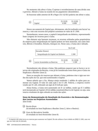 450 CONTABILIDADE EMPRESARIAL • Marion
No momento não afeta o Caixa. É apenas o reconhecimento de uma dívida com
o governo. Afetará o Caixa na ocasião de seu pagamento (desembolso).
Se houvesse saldo anterior de IR a Pagar (31/12/X1) poderia sim afetar o caixa.
11
Capital
31-12-X1
4.500
31-12-X2
6.000
Houve um aumento de Capital que, obviamente, não foi realizado com lucros4
ou
reserva, e sim com recursos dos próprios acionistas no valor de $ 1.500.
Normalmente, nesses casos, o capital é integralizado em dinheiro, representando
fonte (origem) de recursos para o Caixa.
Não obstante seja bastante incomum, os recursos utilizados pelos proprietários
da empresa para integralização de Capital podem ser bens materiais, tais como Imó-
veis, Móveis e Utensílios, Veículos, Estoques etc. Nesse caso, o Caixa não é afetado.
Em $ mil
Entradas (Fontes)
Integralização do Capital em Dinheiro 1.500
12
Lucros Acumulados ou Reservas
31-12-X1
0
31-12-X2
1.100
Normalmente não afetam o Caixa. Não podemos esquecer que os lucros e as re-
servas são originados da Receita, e esta já foi considerada como fonte para o Caixa em
Duplicatas a Receber (item 2).
Entre as exceções de reservas que afetam o Caixa, podemos citar o ágio nas ven-
das das ações da Cia. que está aumentando o Capital.
Vamos admitir que a Cia. Aliança esteja vendendo 1 milhão de ações para au-
mentar seu Capital. O valor de cada ação é de $ 1,00. Todavia, a empresa resolve
vender por $ 1,20, cobrando um ágio de $ 0,20 por ação.
Dessa forma, o Caixa será aumentado em $ 1,2 milhão, sendo que $ 1 milhão
será incorporado ao Capital e $ 0,2 milhão constituirá Reserva de Capital, ou seja, uma
reserva resultante do ágio cobrado na venda das ações.
Itens da Demonstração do Resultado do Exercício e da Demonstração
dos Lucros ou Prejuízos Acumulados
(Em $ mil)
13 Receita Bruta
Já estudada no item Duplicatas a Receber (item 2, Ativo e Passivo).
14 Custo da Mercadoria Vendida
Já estudada no item Fornecedor (item 8).
4
A empresa não tinha lucros ou reservas para aumentar seu Capital. Ela não utilizou o lucro obtido em 20X2 (1.100), uma vez
que seu valor não foi alterado.
Livro 1.indb 450
Livro 1.indb 450 2/4/2015 13:28:51
2/4/2015 13:28:51
 