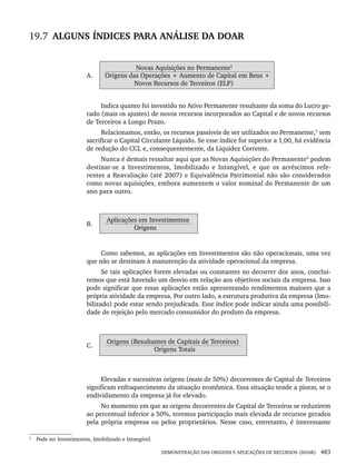DEMONSTRAÇÃO DAS ORIGENS E APLICAÇÕES DE RECURSOS (DOAR) 483
19.7 ALGUNS ÍNDICES PARA ANÁLISE DA DOAR
A.
Novas Aquisições no Permanente5
Origens das Operações + Aumento de Capital em Bens +
Novos Recursos de Terceiros (ELP)
Indica quanto foi investido no Ativo Permanente resultante da soma do Lucro ge-
rado (mais os ajustes) de novos recursos incorporados ao Capital e de novos recursos
de Terceiros a Longo Prazo.
Relacionamos, então, os recursos passíveis de ser utilizados no Permanente,5
sem
sacrificar o Capital Circulante Líquido. Se esse índice for superior a 1,00, há evidência
de redução do CCL e, consequentemente, da Liquidez Corrente.
Nunca é demais ressaltar aqui que as Novas Aquisições do Permanente5
podem
destinar-se a Investimentos, Imobilizado e Intangível, e que os acréscimos refe-
rentes a Reavaliação (até 2007) e Equivalência Patrimonial não são considerados
como novas aquisições, embora aumentem o valor nominal do Permanente de um
ano para outro.
B.
Aplicações em Investimentos
Origens
Como sabemos, as aplicações em Investimentos são não operacionais, uma vez
que não se destinam à manutenção da atividade operacional da empresa.
Se tais aplicações forem elevadas ou constantes no decorrer dos anos, conclui-
remos que está havendo um desvio em relação aos objetivos sociais da empresa. Isso
pode significar que essas aplicações estão apresentando rendimentos maiores que a
própria atividade da empresa. Por outro lado, a estrutura produtiva da empresa (Imo-
bilizado) pode estar sendo prejudicada. Esse índice pode indicar ainda uma possibili-
dade de rejeição pelo mercado consumidor do produto da empresa.
C.
Origens (Resultantes de Capitais de Terceiros)
Origens Totais
Elevadas e suces