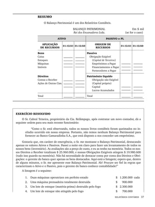 RELATÓRIOS CONTÁBEIS 37
RESUMO
O Balanço Patrimonial é um dos Relatórios Contábeis.
BALANÇO PATRIMONIAL Em $ mil
Rei dos Encanadores Ltda. (se for o caso)
ATIVO PASSIVO e PL
APLICAÇÃO
DE RECURSOS
31-12-X1 31-12-X0
ORIGEM DE
RECURSOS
31-12-X1 31-12-X0
Bens
Caixa
Estoques
Máquinas
Imóveis
_______
_______
_______
_______
_______
_______
_______
_______
Passivo
Obrigação Exigível
(Capital de Terceiros)
Empréstimos a Pagar
Financiamentos a Pagar
Fornecedores a Pagar
_______
_______
_______
_______
_______
_______
Direitos
Contas a Receber
Ações de Outras Cias.
_______
_______
_______
_______
_______
_______
Patrimônio líquido
Obrigação não Exigível
(Capital próprio)
Capital
Lucros Acumulados
_______
_______
_______
_______
Total _______ _______ Total _______ _______
EXERCÍCIO RESOLVIDO
O Sr. Cabral Teixeira, proprietário da Cia. Relâmpago, após contratar um novo contador, dá a
seguinte ordem para seu mais recente funcionário:
“Como o Sr. está observando, todos os nossos livros contábeis foram queimados no in-
cêndio ocorrido em nossa empresa. Portanto, não temos nenhum Balanço Patrimonial para
fornecer ao Banco Camaradinha S.A., que está disposto a nos conceder um empréstimo.
Gostaria que, em caráter de emergência, o Sr. me montasse o Balanço Patrimonial, destacando
apenas os valores Ativos e Passivos. Passei a noite em claro para fazer um levantamento de todos os
nossos bens (inventário). As avaliações são a preço de custo, e eu as tenho na memória. Todos os nos-
sos Direitos a Receber totalizam $ 25.960.000, e nossas Obrigações Exigíveis atingem $ 19.980.600
(tudo isso guardo na memória). Não há necessidade de destacar conta por conta dos Direitos e Obri-
gações: o gerente do banco quer apenas os bens destacados. Aqui está a listagem; espero que, dentro
de alguns minutos, o Sr. me apresente esse Balanço Patrimonial. Ah! Procure ser fiel às regras que
caracterizam o Ativo e o Passivo, pois o gerente do banco conhece contabilidade!”
A listagem é a seguinte:
1. Duas máquinas operatrizes em perfeito estado $ 1.200.000 cada
2. Uma máquina prensadeira totalmente destruída $ 900.000
3. Um lote de estoque (matéria-prima) destruído pelo fogo $ 2.300.000
4. Um lote de estoque não atingido pelo fogo $ 700.000
Livro 1.indb 37
Livro 1.indb 37 2/4/2015 13:27:36
2/4/2015 13:27:36
 