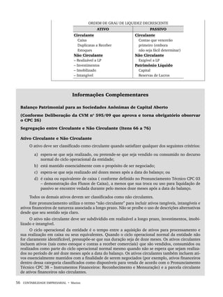 56 CONTABILIDADE EMPRESARIAL • Marion
ORDEM DE GRAU DE LIQUIDEZ DECRESCENTE
ATIVO PASSIVO
Circulante
Caixa
Duplicatas a Receber
Estoques
Não Circulante
– Realizável a LP
– Investimentos
– Imobilizado
– Intangível
Circulante
Contas que vencerão
primeiro (embora
não seja fácil determinar)
Não Circulante
Exigível a LP
Patrimônio Líquido
Capital
Reservas de Lucros
Informações Complementares
Balanço Patrimonial para as Sociedades Anônimas de Capital Aberto
(Conforme Deliberação da CVM nº 595/09 que aprova e torna obrigatório observar
o CPC 26)
Segregação entre Circulante e Não Circulante (Itens 66 a 76)
Ativo Circulante e Não Circulante
O ativo deve ser classificado como circulante quando satisfizer qualquer dos seguintes critérios:
a) espera-se que seja realizado, ou pretende-se que seja vendido ou consumido no decurso
normal do ciclo operacional da entidade;
b) está mantido essencialmente com o propósito de ser negociado;
c) espera-se que seja realizado até dozes meses após a data do balanço; ou
d) é caixa ou equivalente de caixa ( conforme definido no Pronunciamento Técnico CPC 03
– demonstração dos Fluxos de Caixa), a menos que sua troca ou uso para liquidação de
passivo se encontre vedada durante pelo menos doze meses após a data do balanço.
Todos os demais ativos devem ser classificados como não circulantes.
Este pronunciamento utiliza o termo “não circulante” para incluir ativos tangíveis, intangíveis e
ativos financeiros de natureza associada a longo prazo. Não se proíbe o uso de descrições alternativas
desde que seu sentido seja claro.
O ativo não circulante deve ser subdividido em realizável a longo prazo, investimentos, imobi-
lizado e intangível.
O ciclo operacional da entidade é o tempo entre a aquisição de ativos para processamento e
sua realização em caixa ou seus equivalentes. Quando o ciclo operacional normal da entidade não
for claramente identificável, pressupõe-se que sua duração seja de doze meses. Os ativos circulantes
incluem ativos (tais como estoque e contas a receber comerciais) que são vendidos, consumidos ou
realizados como parte do ciclo operacional normal mesmo quando não se espera que sejam realiza-
dos no período de até doze meses após a data do balanço. Os ativos circulantes também incluem ati-
vos essencialmente mantidos com a finalidade de serem negociados (por exemplo, ativos financeiros
dentro dessa categoria classificados como disponíveis para venda de acordo com o Pronunciamento
Técnico CPC 38 – Instrumentos Financeiros: Reconhecimento e Mensuração) e a parcela circulante
de ativos financeiros não circulantes.
Livro 1.indb 56
Livro 1.indb 56 2/4/2015 13:27:38
2/4/2015 13:27:38
 
