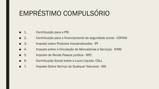 EMPRÉSTIMO COMPULSÓRIO
■ 1. Contribuição para o PIS
■ 2. Contribuição para o financiamento da seguridade social - COFINS
■ 3. Imposto sobre Produtos Industrializados - IPI
■ 4. Imposto sobre a Circulação de Mercadorias e Serviços - ICMS
■ 5. Imposto de Renda Pessoa jurídica - IRPJ
■ 6. Contribuição Social sobre o Lucro Líquido- CSLL
■ 7. Imposto Sobre Serviço de Qualquer Natureza - ISS
 