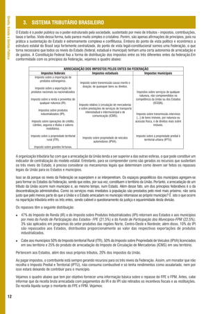 Direito, Estado e Gestão Pública



                                        3. SISTEMA TRIBUTÁRIO BRASILEIRO
                                   O Estado é o poder público ou o poder estruturado pela sociedade, sustentado por meio de tributos - impostos, contribuições,
                                   taxas e tarifas. Visto dessa forma, tudo parece muito simples e cristalino. Porém, são apenas afirmações de princípios, pois na
                                   prática a sustentação do Estado é extremamente complexa e conflituosa. Embora do ponto de vista político e econômico a
                                   estrutura estatal do Brasil seja fortemente centralizada, do ponto de vista legal-constitucional somos uma Federação, o que
                                   torna necessário que todos os níveis do Estado (federal, estadual e municipal) tenham uma certa autonomia de arrecadação e
                                   de gastos. A Constituição Federal fixa a forma de distribuição dos impostos entre os três diferentes entes da federação.Em
                                   conformidade com os princípios da Federação, vejamos o quadro abaixo:

                                                                      ARRECADAÇÃO DOS IMPOSTOS PELOS ENTES DA FEDERAÇÃO
                                                      Impostos federais               Impostos estaduais             Impostos municipais
                                                 Imposto sobre a importação de
                                                    produtos estrangeiros.
                                                                                        Imposto sobre transmissão causa mortis e
                                                                                          doação, de quaisquer bens ou direitos.
                                                 Imposto sobre a exportação de
                                              produtos nacionais ou nacionalizados                                                     Impostos sobre serviços de qualquer
                                                                                                                                         natureza, não compreendidos na
                                             Imposto sobre a renda e proventos de                                                     competência da União ou dos Estados
                                                    qualquer natureza (IR).                                                                          (ISSQN).
                                                                                       Imposto relativo à circulação de mercadorias
                                                                                       e sobre prestações de serviços de transporte
                                                   Impostos sobre produtos
                                                                                            interestadual e intermunicipal e de
                                                     industrializados (IPI).                                                           Imposto sobre transmissão intervivos
                                                                                                  comunicação (ICMS).
                                                                                                                                       [...] de bens imóveis, por natureza ou
                                              Imposto sobre operações de crédito,                                                     acessão física, e de direitos reais sobre
                                               câmbio, seguros e títulos e valores                                                                     imóveis.
                                                         mobiliários.

                                             Imposto sobre a propriedade territorial                                                  Imposto sobre a propriedade predial e
                                                                                          Imposto sobre propriedade de veículos
                                                         rural (ITR).                                                                       territorial urbana (IPTU).
                                                                                                  automotores (IPVA).
                                                Imposto sobre grandes fortunas.


                                   A organização tributária faz com que a arrecadação da União tenda a ser superior a das outras esferas, o que pode constituir um
                                   indicador de centralização do modelo estatal. Entretanto, para se compreender como são gerados os recursos que sustentam
                                   os três níveis do Estado, é preciso considerar os mecanismos legais que determinam como devem ser feitos os repasses
                                   legais da União para os Estados e municípios.

                                   Isso se dá porque os níveis da Federação se superpõem e se interpenetram. Os espaços geopolíticos dos municípios agregam-se
                                   para formar os Estados da Federação, sendo que estes, por sua vez, constituem o território da União. Portanto, a arrecadação de um
                                   tributo da União ocorre num município e, ao mesmo tempo, num Estado. Além desse fato, um dos princípios federativos é o da
                                   descentralização administrativa. Como os serviços mais imediatos à população são prestados pelo nível mais próximo, não seria
                                   justo que pelo menos parte do que a União e o Estado arrecadam no município retornasse ao próprio município? É isto o que ocorre
                                   na repartição tributária entre os três entes, sendo cabível o questionamento da justiça e equanimidade desta divisão.

                                   Os repasses têm a seguinte distribuição:

                                      47% do Imposto de Renda (IR) e do Imposto sobre Produtos Industrializados (IPI) retornam aos Estados e aos municípios
                                      por meio do Fundo de Participação dos Estados- FPE (21,5%) e do Fundo de Participação dos Municípios-FPM (22,5%);
                                      3% são aplicados em programas do setor produtivo das regiões Norte, Centro-Oeste e Nordeste; além disso, 10% do IPI
                                      são repassados aos Estados, distribuídos proporcionalmente ao valor das respectivas exportações de produtos
                                      industrializados.

                                      Cabe aos municípios 50% do Imposto territorial Rural (ITR), 50% do Imposto sobre Propriedade de Veículos (IPVA) licenciados
                                      em seu território e 25% do produto de arrecadação do Imposto de Circulação de Mercadorias (ICMS) em seu território.

                                   Pertencem aos Estados, além dos seus próprios tributos, 20% dos impostos da União.

                                   Ao pagar impostos, o contribuinte está sempre gerando recursos para os três níveis da Federação. Assim, um morador que não
                                   recolha o Imposto Predial e Territorial (IPTU), não consuma combustível e só tenha rendimentos como assalariado, nem por
                                   isso estará deixando de contribuir para o município.

                                   Vejamos o quadro abaixo que tem por objetivo fornecer uma informação básica sobre o repasse do FPE o FPM. Antes, cabe
                                   informar que da receita bruta arrecadada com pagamentos do IR e do IPI são retirados os incentivos fiscais e as restituições.
                                   Da receita líquida surge o montante do FPE e FPM. Vejamos:

      12
 