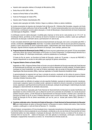 Imposto sobre operações relativas à Circulação de Mercadorias (ICM);




                                                                                                                                   Auditoria e Controle
   Dívida Ativa do ICM, ICMS e IPVA;

   Imposto de Renda Retido na Fonte (IRRF);

   Fundo de Participação do Estado (FPE);

   Imposto sobre Produtos Industrializados (IPI);

   Imposto sobre operações de Crédito, Câmbio e Seguro ou relativas a títulos ou valores mobiliários.

As receitas provenientes de impostos são chamadas Fonte de Recursos 00 – Ordinários Não Vinculados, enquanto a do Fundo
de Participação do Estado codificamos Fonte de Recursos 06 - FPE. O ensino fundamental público terá como fonte adicional de
financiamento a contribuição social do salário-educação e o Fundo de Manutenção e Desenvolvimento do Ensino Fundamental
e de Valorização do Magistério – FUNDEF.

A contribuição social do salário-educação é recolhida pelas empresas na forma da lei e está prevista no art. 212, § 5º, da
Constituição Federal, permitindo às três instâncias do Governo investirem em programas, projetos e ações que qualifiquem
profissionais da educação e estimulem alunos a permanecerem em sala de aula.

O valor arrecadado diretamente pelo Fundo Nacional de Desenvolvimento da Educação, bem como o arrecadado pelo INSS, é
somado, constituindo a arrecadação bruta. Deste total, 1/3 constitui a Quota Federal, fonte de recursos para diversos programas,
projetos e ações educacionais do ensino fundamental público, implementados pelo Fundo Nacional de Desenvolvimento da
Educação, segundo diretrizes traçadas pelo Ministério da Educação. Como exemplo, podemos citar:

a) Programa Nacional de Alimentação Escolar (PNAE) que fornece recursos suplementares para garantir 15% das necessidades
   nutricionais diárias das crianças matriculadas na Pré-Escola e no Ensino Fundamental. A complementação alimentar fica a
   cargo dos Estados, DF e Municípios beneficiados, conforme estabelecido na Constituição.

   O Estado do Rio de Janeiro, via Secretaria de Estado de Educação, recebe em 10 parcelas o recurso do FNDE/MEC e
   repassa integralmente às escolas da rede pública para aquisição de gêneros alimentícios.

b) Programa Dinheiro Direto na Escola (PDDE)

   Implantado em 1995, o Programa Dinheiro Direto na Escola é uma ação do Ministério da Educação executada pelo Fundo Nacional
   de Desenvolvimento da Educação, que consiste no repasse de recursos diretamente às escolas estaduais, do Distrito Federal e
   municipais do Ensino Fundamental, com mais de 20 alunos matriculados, além de escolas de Educação Especial mantidas por
   Organizações Não-Governamentais (ONGs), desde que registradas no Conselho Nacional de Assistência Social.

   A operacionalização do programa tem por base o princípio da parceria, envolvendo as três esferas de governo (Federal,
   Municipal e Estadual) e, sobretudo, a participação ativa da comunidade escolar por meio de organizações representativas,
   chamadas Unidades Executoras (UEx).

   Os recursos podem ser utilizados em qualquer uma das seguintes finalidades: aquisição de material permanente; manutenção,
   conservação e pequenos reparos da unidade escolar; aquisição de material de consumo necessário ao funcionamento da
   escola; capacitação e aperfeiçoamento de profissionais da educação; avaliação de aprendizagem; implementação de projeto
   pedagógico e desenvolvimento de atividades educacionais.

   Os recursos financeiros repassados pelo Fundo Nacional de Desenvolvimento da Educação às escolas beneficiárias são
   depositados na conta corrente da UEx, que os utilizará de acordo com as decisões da comunidade. Se a escola não possuir
   Unidade Executora própria, o Fundo Nacional de Desenvolvimento da Educação transfere o dinheiro para a Secretaria de
   Educação do Estado ou do DF ou para a Prefeitura Municipal à qual a escola seja vinculada. Neste caso, a Secretaria de
   Estado de Educação do Rio de Janeiro descentraliza, por sua vez, para as escolas pelo sistema SIDES (Decreto n. º
   25.327/99);

c) Convênios celebrados entre a Secretaria de Estado de Educação e o Fundo Nacional de Desenvolvimento da Educação/
   MEC para implementação de ações na Educação Especial, na Educação de Jovens e Adultos entre outros. Estes recursos
   recebem a codificação e o nome de Fonte de Recursos 12 – Convênios.

A Quota Estadual, correspondente a 2/3 da arrecadação bruta, é repassada mensalmente às Secretarias de Educação Estaduais
e do Distrito Federal na mesma proporção da sua arrecadação, constituindo-se de uma das fontes de financiamento do Ensino
Fundamental público nas redes estaduais e municipais de educação. Esta fonte de recursos, no estado do Rio de Janeiro, é a
chamada fonte de recursos 05 - Salário de Educação e tem sido aplicada na manutenção, construção e conservação de
instalações e equipamentos necessários ao ensino e no fornecimento de merenda escolar etc.



                                                                                                                                   23
 