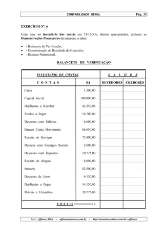 CONTABILIDADE GERAL                                         Pág. 33


EXERCÍCIO No. 6

Com base no inventário das contas em 31/12/XA, abaixo apresentados, elaborar as
Demonstrações Financeiras da empresa, a saber:

•    - Balancete de Verificação;
•    - Demonstração do Resultado do Exercício;
•    - Balanço Patrimonial.

                                   BALANCETE DE VERIFICAÇÃO


              INVENTÁRIO DE CONTAS                                           S   A    L   D    O    S

              C O N T A S                               R$             DEVEDORES            CREDORES

    Caixa                                              1.500,00

    Capital Social                                  100.000,00

    Duplicatas a Receber                             43.250,00

    Títulos a Pagar                                  16.700,00

    Despesas com Salários                              6.600,00

    Bancos Conta Movimento                           68.650,00

    Receita de Serviços                              75.900,00

    Despesa com Encargos Sociais                       2.600,00

    Despesas com Impostos                            10.725,00

    Receita de Aluguel                                 6.000,00

    Imóveis                                          52.500,00

    Despesas de Juros                                  6.150,00

    Duplicatas a Pagar                               14.150,00

    Móveis e Utensílios                              20.775,00


                               T O T A I S ========== >



        Prof.: Affonso Silva   -    affonso@unisys.com.br   -   http://usuarios.uninet.com.br/~affonso
 