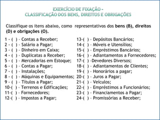 Classifi
13-( ) – Depósitos Bancários;
14-( ) – Móveis e Utensílios;
15-( ) – Empréstimos Bancários;
16-( ) – Adiantamentos a Fornecedores;
17-( ) –Devedores Diversos;
18-( ) – Adiantamentos de Clientes;
19–( ) – Honorários a pagar;
20-( ) – Juros a Pagar;
21-( ) – Veículos;
22-( ) – Empréstimos a Funcionários;
23-( ) – Financiamentos a Pagar;
24-( ) – Promissórias a Receber;
1 - ( ) – Contas a Receber;
2 - ( ) – Salário a Pagar;
3 - ( ) – Dinheiro em Caixa;
4 - ( ) – Duplicatas a Receber;
5 - ( ) – Mercadorias em Estoque;
6 - ( ) – Contas a Pagar;
7 - ( ) – Instalações;
8 - ( ) – Máquinas e Equipamentos;
9 - ( ) – Títulos a Pagar;
10-( ) – Terrenos e Edificações;
11-( ) – Fornecedores;
12-( ) – Impostos a Pagar;
Classifique os itens abaixo, como representativos dos bens (B), direitos
(D) e obrigações (O).
 