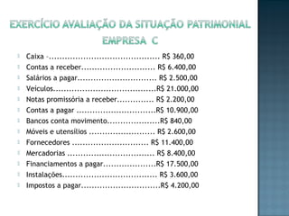  Caixa –.......................................... R$ 360,00
 Contas a receber............................ R$ 6.400,00
 Salários a pagar.............................. R$ 2.500,00
 Veículos.......................................R$ 21.000,00
 Notas promissória a receber.............. R$ 2.200,00
 Contas a pagar ..............................R$ 10.900,00
 Bancos conta movimento....................R$ 840,00
 Móveis e utensílios ......................... R$ 2.600,00
 Fornecedores ............................. R$ 11.400,00
 Mercadorias ................................. R$ 8.400,00
 Financiamentos a pagar....................R$ 17.500,00
 Instalações.................................... R$ 3.600,00
 Impostos a pagar..............................R$ 4.200,00
 