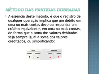  A essência deste método, é que o registro de
qualquer operação implica que um débito em
uma ou mais contas deve corresponder um
crédito equivalente, em uma ou mais contas,
de forma que a soma dos valores debitados
seja sempre igual a soma dos valores
creditados, ou simplificando:
 