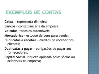 Caixa – representa dinheiro;
Bancos – conta bancária da empresa;
Veículos- todos os automóveis;
Mercadorias – estoque de bens para venda;
Duplicatas a receber – direitos de receber dos
clientes;
Duplicatas a pagar – obrigações de pagar aos
fornecedores;
Capital Social- riqueza aplicada pelos sócios ou
acionistas na empresa;
 