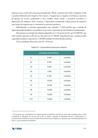117
despesas com as receitas fica um pouco prejudicada. Afinal, a empresa não vende a máquina, vende
o produto fabricado pela máquina. No entanto, é inegável que a máquina contribuiu ao processo
de geração de receita, produzindo o bem vendido. Desse modo, é necessário reconhecer a
depreciação da máquina. Nesse contexto, a depreciação corresponde à baixa parcial da máquina:
uma fração da máquina que é consumida no processo produtivo.
Relembrando os conceitos apresentados neste capítulo,10
é fácil perceber que o método de
depreciação pelos benefícios consumidos é o que mais se aproxima da visão dinâmica da depreciação.
Retornemos ao exemplo da máquina adquirida em 1º de janeiro de X1, por $ 9.000,00, cujo
valor residual esperado no fim da sua vida útil é de $ 1.500,00. Suponhamos que a máquina tenha
capacidade produtiva equivalente a 100.000 unidades de determinado produto.
Caso a produção efetiva dos anos X1 a X10 seja:
Tabela 33 – Capacidade produtiva da máquina
produção anual efetiva:
X1 5.000 unidades
X2 8.700 unidades
X3 6.500 unidades
X4 7.000 unidades
X5 8.100 unidades
X6 14.500 unidades
X7 10.200 unidades
X8 13.000 unidades
X9 15.000 unidades
X10 12.000 unidades
10
Os conceitos são: o Imobilizado é um agente gerador de benefícios econômicos, como todo e qualquer ativo; o Ativo
corresponde a aplicações de recursos das quais se espera a geração de benefícios futuros; a Depreciação é o
reconhecimento contábil do consumo efetivo dos benefícios que se esperava, no passado, que o Imobilizado gerasse (no
futuro – que já é passado ou presente).
 