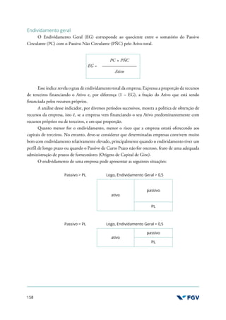 158
Endividamento geral
O Endividamento Geral (EG) corresponde ao quociente entre o somatório do Passivo
Circulante (PC) com o Passivo Não Circulante (PÑC) pelo Ativo total.
EG =
PC + PÑC
Ativo
Esse índice revela o grau de endividamento total da empresa. Expressa a proporção de recursos
de terceiros financiando o Ativo e, por diferença (1 – EG), a fração do Ativo que está sendo
financiada pelos recursos próprios.
A análise desse indicador, por diversos períodos sucessivos, mostra a política de obtenção de
recursos da empresa, isto é, se a empresa vem financiando o seu Ativo predominantemente com
recursos próprios ou de terceiros, e em que proporção.
Quanto menor for o endividamento, menor o risco que a empresa estará oferecendo aos
capitais de terceiros. No entanto, deve-se considerar que determinadas empresas convivem muito
bem com endividamento relativamente elevado, principalmente quando o endividamento tiver um
perfil de longo prazo ou quando o Passivo de Curto Prazo não for oneroso, fruto de uma adequada
administração de prazos de fornecedores (Origens de Capital de Giro).
O endividamento de uma empresa pode apresentar as seguintes situações:
Passivo > PL Logo, Endividamento Geral > 0,5
ativo
passivo
PL
Passivo = PL Logo, Endividamento Geral = 0,5
ativo
passivo
PL
 