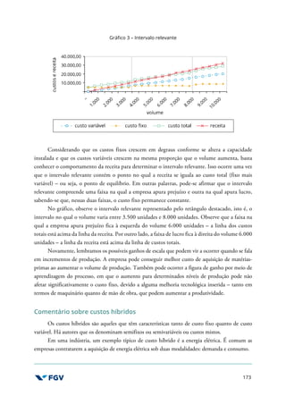 173
Gráfico 3 – Intervalo relevante
Considerando que os custos fixos crescem em degraus conforme se altera a capacidade
instalada e que os custos variáveis crescem na mesma proporção que o volume aumenta, basta
conhecer o comportamento da receita para determinar o intervalo relevante. Isso ocorre uma vez
que o intervalo relevante contém o ponto no qual a receita se iguala ao custo total (fixo mais
variável) – ou seja, o ponto de equilíbrio. Em outras palavras, pode-se afirmar que o intervalo
relevante compreende uma faixa na qual a empresa apura prejuízo e outra na qual apura lucro,
sabendo-se que, nessas duas faixas, o custo fixo permanece constante.
No gráfico, observe o intervalo relevante representado pelo retângulo destacado, isto é, o
intervalo no qual o volume varia entre 3.500 unidades e 8.000 unidades. Observe que a faixa na
qual a empresa apura prejuízo fica à esquerda do volume 6.000 unidades – a linha dos custos
totais está acima da linha da receita. Por outro lado, a faixa de lucro fica à direita do volume 6.000
unidades – a linha da receita está acima da linha de custos totais.
Novamente, lembramos os possíveis ganhos de escala que podem vir a ocorrer quando se fala
em incrementos de produção. A empresa pode conseguir melhor custo de aquisição de matérias-
primas ao aumentar o volume de produção. Também pode ocorrer a figura de ganho por meio de
aprendizagem do processo, em que o aumento para determinados níveis de produção pode não
afetar significativamente o custo fixo, devido a alguma melhoria tecnológica inserida – tanto em
termos de maquinário quanto de mão de obra, que podem aumentar a produtividade.
Comentário sobre custos híbridos
Os custos híbridos são aqueles que têm características tanto de custo fixo quanto de custo
variável. Há autores que os denominam semifixos ou semivariáveis ou custos mistos.
Em uma indústria, um exemplo típico de custo híbrido é a energia elétrica. É comum as
empresas contratarem a aquisição de energia elétrica sob duas modalidades: demanda e consumo.
 