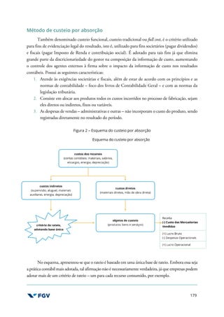 179
Método de custeio por absorção
Também denominado custeio funcional, custeio tradicional ou full cost, é o critério utilizado
para fins de evidenciação legal do resultado, isto é, utilizado para fins societários (pagar dividendos)
e fiscais (pagar Imposto de Renda e contribuição social). É adotado para tais fins já que elimina
grande parte da discricionariedade do gestor na composição da informação de custo, aumentando
o controle dos agentes externos à firma sobre o impacto da informação de custo nos resultados
contábeis. Possui as seguintes características:
1. Atende às exigências societárias e fiscais, além de estar de acordo com os princípios e as
normas de contabilidade – foco dos livros de Contabilidade Geral – e com as normas da
legislação tributária.
2. Consiste em alocar aos produtos todos os custos incorridos no processo de fabricação, sejam
eles diretos ou indiretos, fixos ou variáveis.
3. As despesas de vendas – administrativas e outras – não incorporam o custo do produto, sendo
registradas diretamente no resultado do período.
Figura 2 – Esquema do custeio por absorção
No esquema, apresentou-se que o rateio é baseado em uma única base de rateio. Embora essa seja
a prática contábil mais adotada, tal afirmação não é necessariamente verdadeira, já que empresas podem
adotar mais de um critério de rateio – um para cada recurso consumido, por exemplo.
 