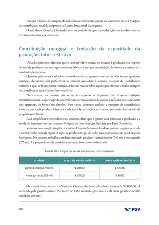200
Em que o Índice de margem de contribuição total corresponde ao quociente entre a Margem
de contribuição total da empresa e a Receita bruta total da empresa.
O uso dessa fórmula é limitado pela necessidade de que a ponderação das vendas entre os
diversos produtos seja constante.
Contribuição marginal e limitação da capacidade da
produção: fator restritivo
Uma das principais decisões que o controller deve tomar, no tocante à produção, é a respeito
do mix de produtos, ou seja, que produtos fabricar e em que quantidade, de forma a maximizar o
resultado da empresa.
Quando estudamos a relação custo-volume-lucro, aprendemos que, se não houver qualquer
restrição, deveremos dar preferência ao produto que oferece a maior margem de contribuição
unitária, e que, se houver uma restrição, a decisão recairá sobre aquele que oferecer a maior margem
de contribuição unitária por fator restritivo.
No entanto, na maioria das vezes, as empresas se deparam com diversas restrições
simultaneamente, o que exige do controller um exercício maior de análise e reflexão, pois a resposta
não aparecerá de forma tão simples. Para tanto, devemos analisar a margem de contribuição
unitária que cada produto oferece e cada uma das restrições existentes, por meio do modelo de
programação linear.
Para simplificar o entendimento, podemos dizer que o gestor deve priorizar a produção e a
venda do item que oferecer a maior Margem de Contribuição Unitária por Fator Restritivo.
Vejamos um exemplo simples: a Vinícola Chateau du SzusterCardoso produz, engarrafa e vende
o melhor vinho tinto da região. A rigor, só produz um tipo de vinho seco, com as uvas do tipo Cabernet
Sauvignon. No entanto, trabalha com duas versões do produto – garrafa inteira (750 ml) e meia garrafa
(375 ml). Os preços de venda unitários e os respectivos custos variáveis são:
Tabela 70 – Preços de venda unitários e custos variáveis
produto preço de venda unitário custo variável unitário
garrafa inteira (750 ml) $ 200,00 $ 120,00
meia garrafa (375 ml) $ 130,00 $ 80,00
Os custos fixos anuais da Vinícola Chateau du SzusterCardoso somam $ 90.000,00. A
demanda pela garrafa inteira (750 ml) é de 1.000 unidades por ano, e a da meia garrafa é de 800
unidades por ano.
 