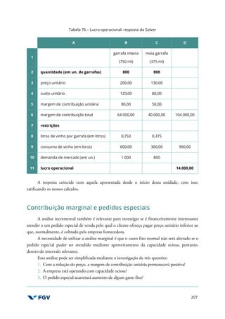 207
Tabela 76 – Lucro operacional: resposta do Solver
A B C D
1
garrafa inteira
(750 ml)
meia garrafa
(375 ml)
2 quantidade (em un. de garrafas) 800 800
3 preço unitário 200,00 130,00
4 custo unitário 120,00 80,00
5 margem de contribuição unitária 80,00 50,00
6 margem de contribuição total 64.000,00 40.000,00 104.000,00
7 restrições
8 litros de vinho por garrafa (em litros) 0,750 0,375
9 consumo de vinho (em litros) 600,00 300,00 900,00
10 demanda de mercado (em un.) 1.000 800
11 lucro operacional 14.000,00
A resposta coincide com aquela apresentada desde o início desta unidade, com isso,
ratificando os nossos cálculos.
Contribuição marginal e pedidos especiais
A análise incremental também é relevante para investigar se é financeiramente interessante
atender a um pedido especial de venda pelo qual o cliente ofereça pagar preço unitário inferior ao
que, normalmente, é cobrado pela empresa fornecedora.
A necessidade de utilizar a análise marginal é que o custo fixo normal não será alterado se o
pedido especial puder ser atendido mediante aproveitamento da capacidade ociosa, portanto,
dentro do intervalo relevante.
Essa análise pode ser simplificada mediante a investigação de três questões:
1. Com a redução do preço, a margem de contribuição unitária permanecerá positiva?
2. A empresa está operando com capacidade ociosa?
3. O pedido especial acarretará aumento de algum gasto fixo?
 