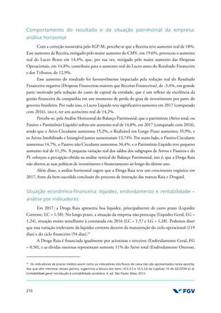 216
Comportamento do resultado e da situação patrimonial da empresa:
análise horizontal
Com a correção monetária pelo IGP-M, percebe-se que a Receita teve aumento real de 18%.
Esse aumento da Receita, mitigado pelo maior aumento do CMV, em 19,6%, provocou o aumento
real do Lucro Bruto em 14,4%, que, por sua vez, mitigado pelo maior aumento das Despesas
Operacionais, em 14,8%, contribuiu para o aumento real do Lucro antes do Resultado Financeiro
e dos Tributos, de 12,9%.
Esse aumento do resultado foi favoravelmente impactado pela redução real do Resultado
Financeiro negativo (Despesas Financeiras maiores que Receitas Financeiras), de -3,4%, em grande
parte motivado pela redução do custo de capital da entidade, que é um reflexo da excelência da
gestão financeira da companhia em um momento de perda do grau de investimento por parte do
governo brasileiro. Por tudo isso, o Lucro Líquido teve significativo aumento em 2017 (comparado
com 2016), isto é, ter um acréscimo real de 14,2%.
Percebe-se, pela Análise Horizontal do Balanço Patrimonial, que o patrimônio (Ativo total, ou
Passivo + Patrimônio Líquido) sofreu um aumento real de 14,8%, em 2017 (comparado com 2016),
sendo que o Ativo Circulante aumentou 15,2%, o Realizável em Longo Prazo aumentou 35,9%, e
os Ativos Imobilizado e Intangível juntos aumentaram 13,74%. Por outro lado, o Passivo Circulante
aumentou 14,7%, o Passivo não Circulante aumentou 34,4%, e o Patrimônio Líquido teve pequeno
aumento real de 11,3%. A pequena variação real dos saldos dos subgrupos de Ativos e Passivos e do
PL reforçou a percepção obtida na análise vertical do Balanço Patrimonial, isto é, que a Droga Raia
não alterou as suas políticas de investimento e financiamento ao longo do último ano.
Além disso, a análise horizontal sugere que a Droga Raia teve um crescimento orgânico em
2017, fruto da bem-sucedida conclusão do processo de interação das marcas Raia e Drogasil.
Situação econômico-financeira: liquidez, endividamento e rentabilidade –
análise por indicadores
Em 2017, a Droga Raia apresenta boa liquidez, principalmente de curto prazo (Liquidez
Corrente, LC = 1,58). No longo prazo, a situação da empresa não preocupa (Liquidez Geral, LG =
1,24), situação muito semelhante à constatada em 2016 (LC = 1,57 e LG = 1,28). Podemos dizer
que essa variação irrelevante da liquidez corrente decorre da manutenção do ciclo operacional (119
dias) e do ciclo financeiro (54 dias).25
A Droga Raia é financiada igualmente por acionistas e terceiros (Endividamento Geral, EG
= 0,50), e as dívidas onerosas representam somente 11% do Ativo total (Endividamento Oneroso,
25
Os indicadores de prazos médios assim como os indicadores dos fluxos de caixa não são apresentados nesta apostila.
Aos que têm interesse nesses pontos, sugerimos a leitura dos itens 10.5.3.5 e 10.5.3.6 do Capítulo 10 de SZUSTER et al.
Contabilidade geral: introdução à contabilidade societária. 4. ed. São Paulo: Atlas, 2013.
 