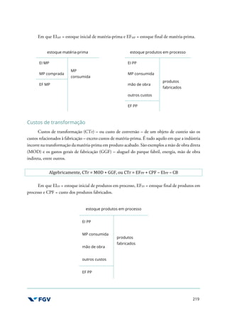 219
Em que EIMP = estoque inicial de matéria-prima e EFMP = estoque final de matéria-prima.
estoque matéria-prima estoque produtos em processo
EI MP
MP
consumida
EI PP
produtos
fabricados
MP comprada MP consumida
EF MP mão de obra
outros custos
EF PP
Custos de transformação
Custos de transformação (CTr) – ou custo de conversão – de um objeto de custeio são os
custos relacionados à fabricação – exceto custos de matéria-prima. É tudo aquilo em que a indústria
incorre na transformação da matéria-prima em produto acabado. São exemplos a mão de obra direta
(MOD) e os gastos gerais de fabricação (GGF) – aluguel do parque fabril, energia, mão de obra
indireta, entre outros.
Algebricamente, CTr = MOD + GGF, ou CTr = EFPP + CPF – EIPP – CB
Em que EIPP = estoque inicial de produtos em processo, EFPP = estoque final de produtos em
processo e CPF = custo dos produtos fabricados.
estoque produtos em processo
EI PP
produtos
fabricados
MP consumida
mão de obra
outros custos
EF PP
 