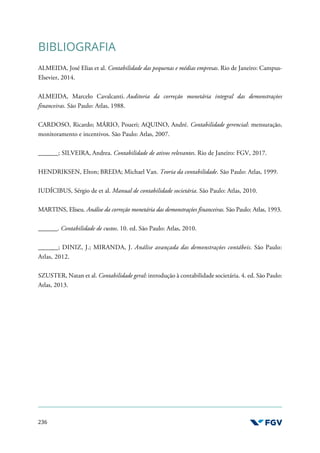 236
BIBLIOGRAFIA
ALMEIDA, José Elias et al. Contabilidade das pequenas e médias empresas. Rio de Janeiro: Campus-
Elsevier, 2014.
ALMEIDA, Marcelo Cavalcanti. Auditoria da correção monetária integral das demonstrações
financeiras. São Paulo: Atlas, 1988.
CARDOSO, Ricardo; MÁRIO, Poueri; AQUINO, André. Contabilidade gerencial: mensuração,
monitoramento e incentivos. São Paulo: Atlas, 2007.
______; SILVEIRA, Andrea. Contabilidade de ativos relevantes. Rio de Janeiro: FGV, 2017.
HENDRIKSEN, Elton; BREDA; Michael Van. Teoria da contabilidade. São Paulo: Atlas, 1999.
IUDÍCIBUS, Sérgio de et al. Manual de contabilidade societária. São Paulo: Atlas, 2010.
MARTINS, Eliseu. Análise da correção monetária das demonstrações financeiras. São Paulo: Atlas, 1993.
______. Contabilidade de custos. 10. ed. São Paulo: Atlas, 2010.
______; DINIZ, J.; MIRANDA, J. Análise avançada das demonstrações contábeis. São Paulo:
Atlas, 2012.
SZUSTER, Natan et al. Contabilidade geral: introdução à contabilidade societária. 4. ed. São Paulo:
Atlas, 2013.
 
