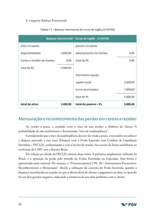 78
E o seguinte Balanço Patrimonial:
Tabela 17 – Balanço Patrimonial do curso de inglês (31/07/X0)
Balanço Patrimonial – Curso de Inglês – 31/07/X0
ativo circulante passivo circulante
disponibilidades 3.800,00 adiantamentos de clientes 0,00
contas a receber de clientes 0,00 total do PC 0,00
total do AC 3.800,00
Patrimônio Líquido
capital social 2.000,00
lucros acumulados 1.800,00
total do PL 3.800,00
total do ativo 3.800,00 total do passivo + PL 3.800,00
Mensuração e reconhecimento das perdasem contas a receber
Ao vender a prazo, a entidade corre o risco de não receber o dinheiro do cliente. A
probabilidade de não recebimento é denominada “risco de inadimplência”.
Considerando que o risco de inadimplência decorre da venda a prazo, é necessário reconhecer
a despesa associada a esse risco (Despesa com a Perda Esperada com Créditos de Liquidação
Duvidosa – PECLD), confrontando-a com a receita de vendas. Isso ocorre de forma semelhante ao
confronto do CMV com a Receita Bruta.
Em relação ao cálculo da PECLD, existem duas visões. A primeira, amplamente utilizada no
Brasil, é a apuração da perda pelo método de Perdas Estimadas ou Esperadas. Essa forma é
apresentada neste material. No entanto, o “Pronunciamento CPC 38 – Instrumentos Financeiros:
Reconhecimento e Mensuração” aborda a utilização do conceito de Perda Incorrida, quando a
despesa é reconhecida na ocasião em que o cliente deixa de efetuar o pagamento na data, ou quando
há um fato gerador negativo, indicando a existência de um sério problema com o cliente.
 