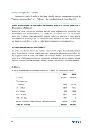 84
Caso da Droga Raia: clientes
Ilustramos os critérios de avaliação das Contas a Receber mediante a apresentação dos itens 4 –
“Principais práticas contábeis” – e 7 – “Clientes” – das Notas Explicativas da Droga Raia, 2017.
4-d-i-3. Principais práticas contábeis – Instrumentos financeiros – Ativos financeiros –
Empréstimos e Recebíveis
Incluem-se nesta categoria os recebíveis que são ativos financeiros não derivativos com
recebimentos fixos ou determináveis, não cotados em um mercado ativo. São classificados
como ativo circulante, exceto aqueles com prazo de vencimento superior a 12 meses após a
data de emissão do balanço, que são classificados como ativos não circulantes. Os recebíveis
do Grupo compreendem as contas a receber de clientes e as demais contas a receber.
4-e. Principais práticas contábeis – Clientes
As contas a receber de clientes são avaliadas pelo montante original da venda deduzida das
taxas de cartões de créditos, quando aplicável, e das perdas estimadas para créditos de
liquidação duvidosa. A perda para créditos de liquidação duvidosa é estabelecida quando
existe uma evidência provável de que o Grupo não será capaz de receber todos os valores
devidos. O valor da perda estimada é a diferença entre o valor contábil e o valor recuperável.
6. Clientes
A seguir, estão demonstrados os saldos de contas a receber por idade de vencimento:
2017 2016
A vencer: 919.711 738.319
Vencidas entre:
1 e 30 dias 5.895 24.008
31 e 60 dias 2.364 7.956
61 e 90 dias 988 2.204
91 e 180 dias 4.306 2.508
181 e 360 dias 1.471 2
Perdas estimadas para créditos de liquidação duvidosa -4.664 -2.756
Total dos clientes 930.071 772.241
 