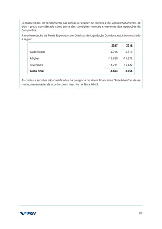 85
O prazo médio de recebimento das contas a receber de clientes é de, aproximadamente, 38
dias – prazo considerado como parte das condições normais e inerentes das operações da
Companhia.
A movimentação da Perda Esperada com Créditos de Liquidação Duvidosa está demonstrada
a seguir:
2017 2016
Saldo inicial -2.756 -6.910
Adições -13.629 -11.278
Reversões 11.721 15.432
Saldo final -4.664 -2.756
As contas a receber são classificadas na categoria de ativos financeiros “Recebíveis” e, desse
modo, mensuradas de acordo com o descrito na Nota 4d-i-3.
 